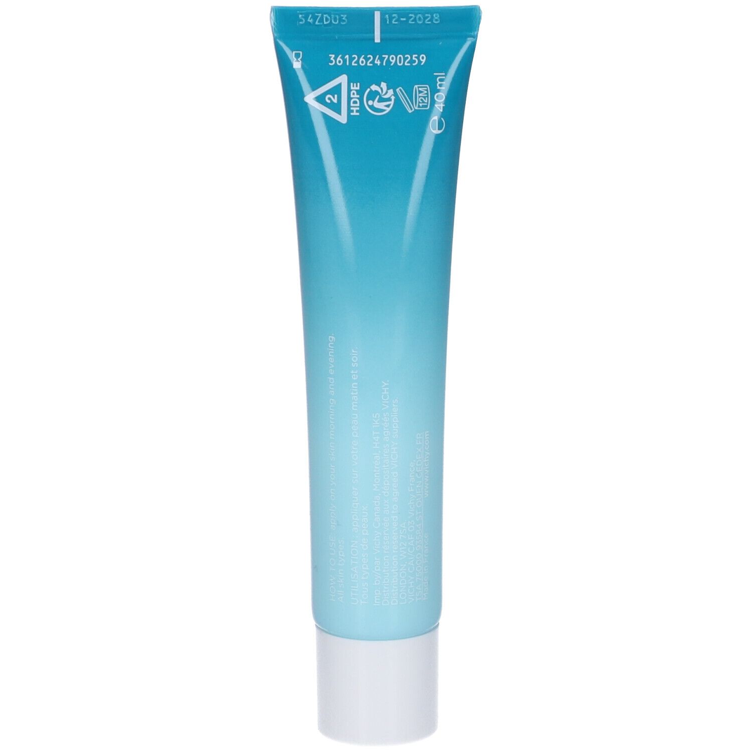 Retro di un tubo blu-turchese. Contiene informazioni e codici. Tappo bianco. Testo e codici leggibili.