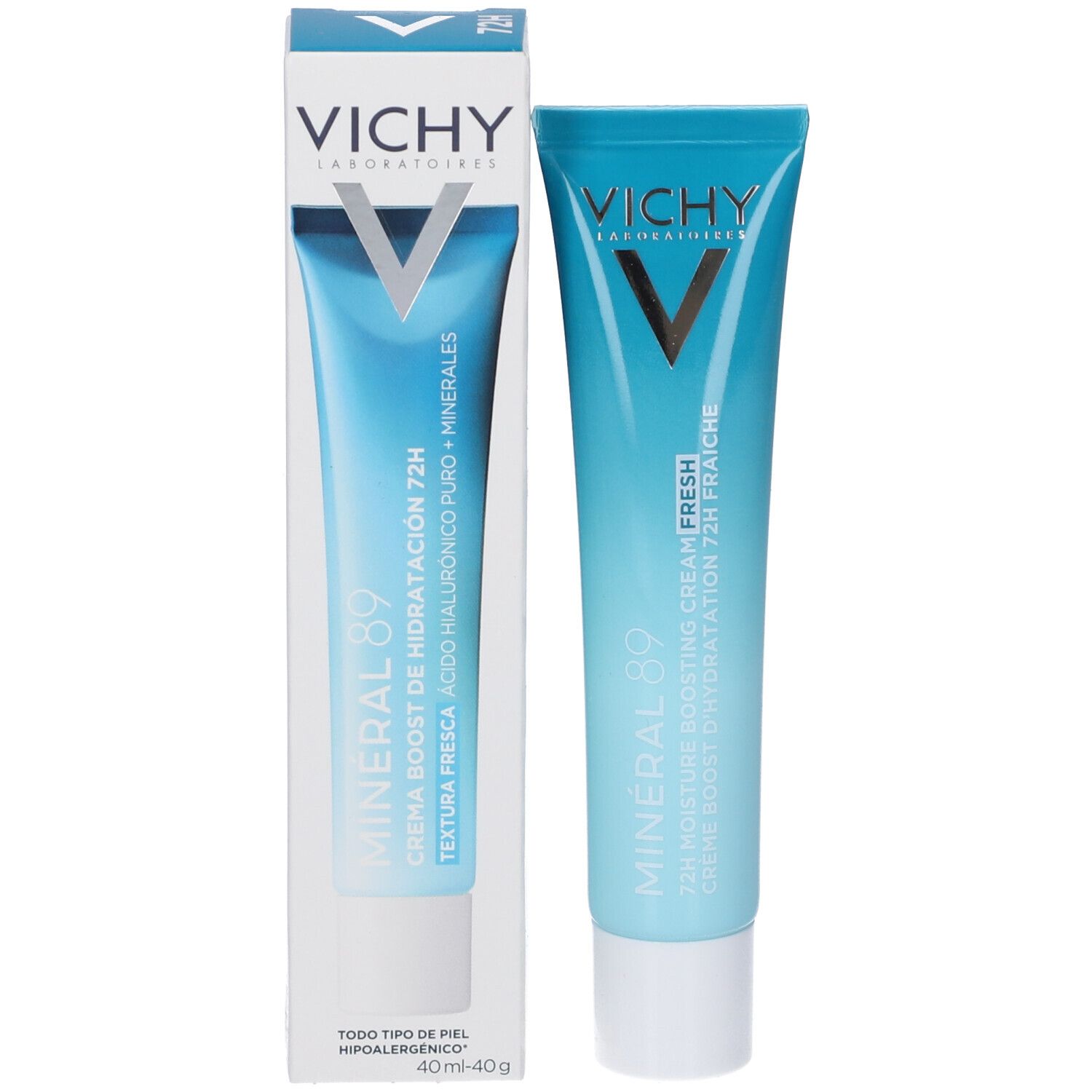 Confezione del prodotto con tubo e scatola. Vichy Mineral 89, 72H Crema. Prodotto e confezione ben visibili.