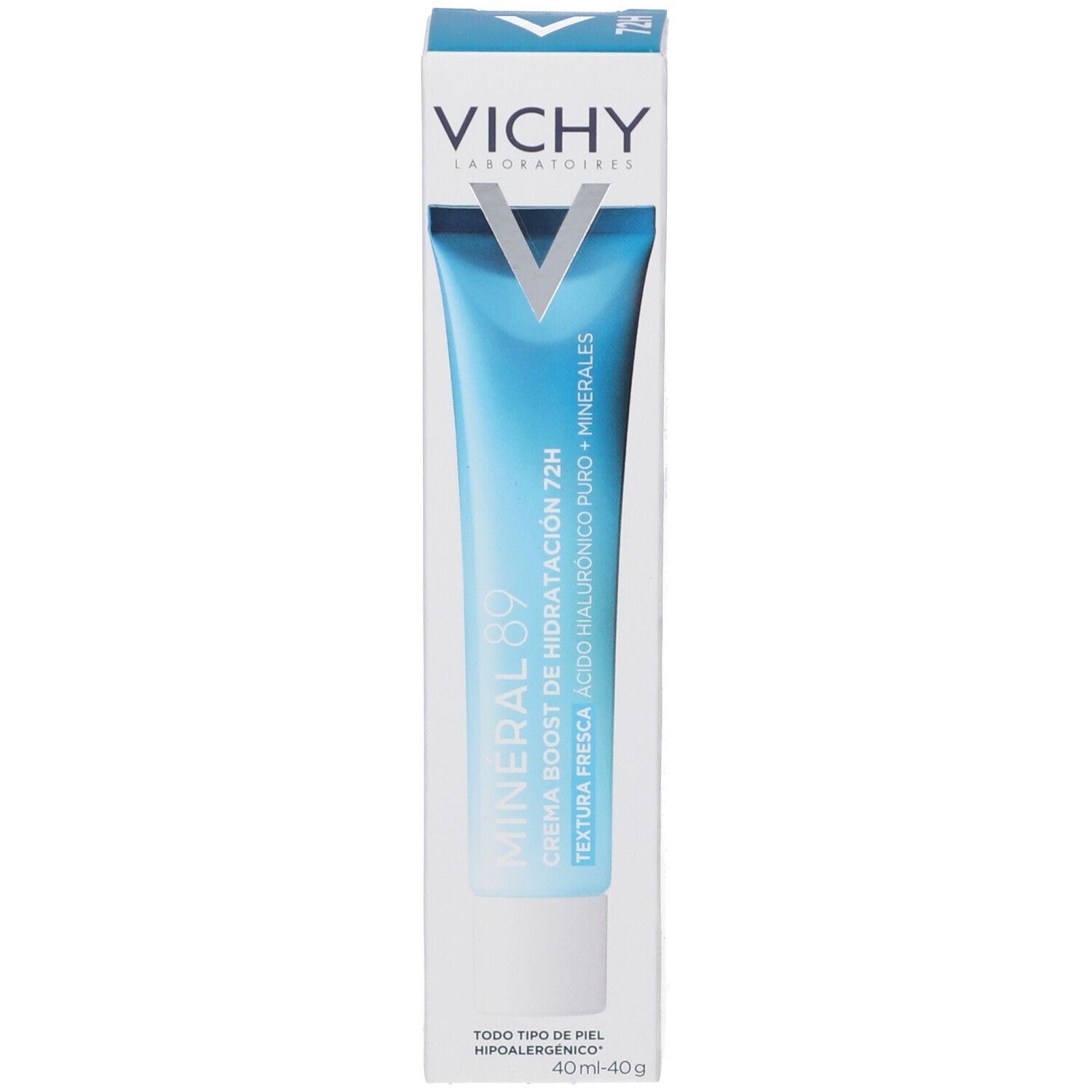 Confezione del prodotto con tubo e scatola. Vichy Mineral 89, 72H Crema. Prodotto e confezione ben visibili.