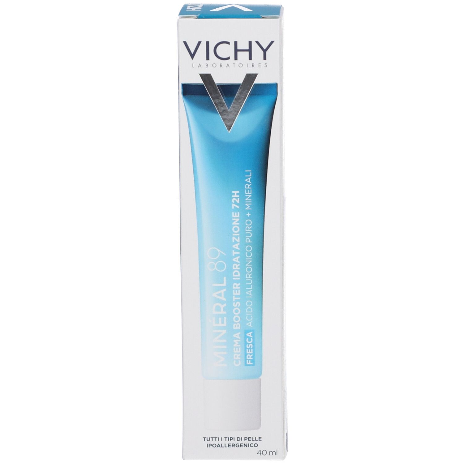 Confezione del prodotto con tubo e scatola. Vichy Mineral 89, 72H Crema. Prodotto e confezione ben visibili.