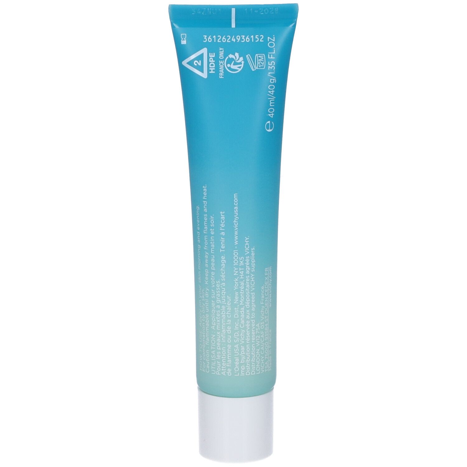 Retro di un tubo turchese con tappo bianco. Testo e loghi. Volume: 40 ml.