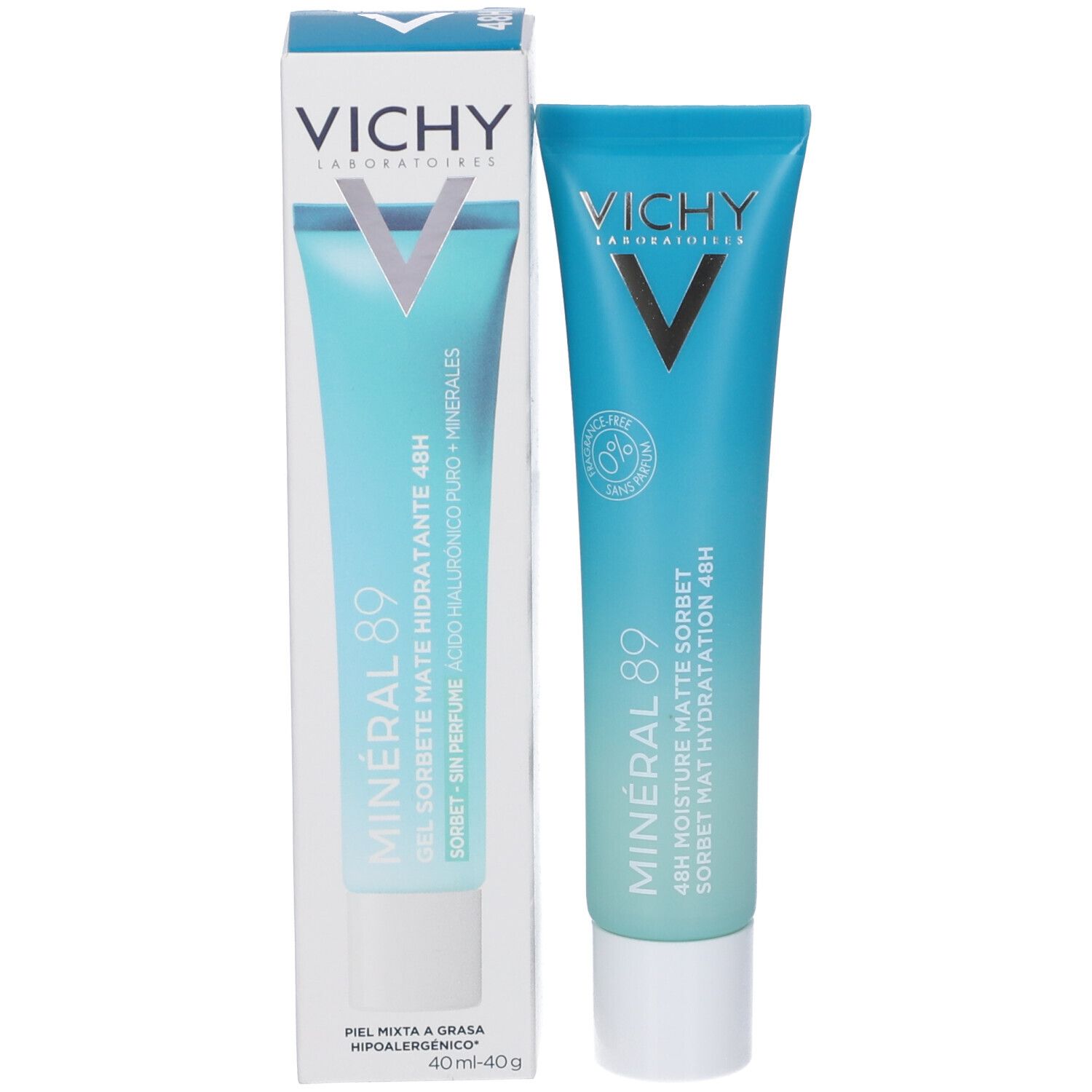 Confezione prodotto con tubo turchese. Scritta: Vichy, Mineral 89, Gel Sorbetto Idratante 48H. Logo.