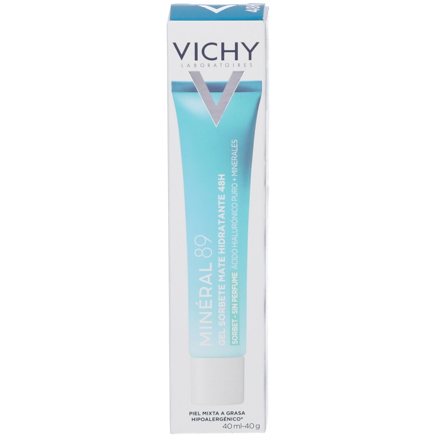Confezione prodotto con tubo turchese. Scritta: Vichy, Mineral 89, Gel Sorbetto Idratante 48H. Logo.