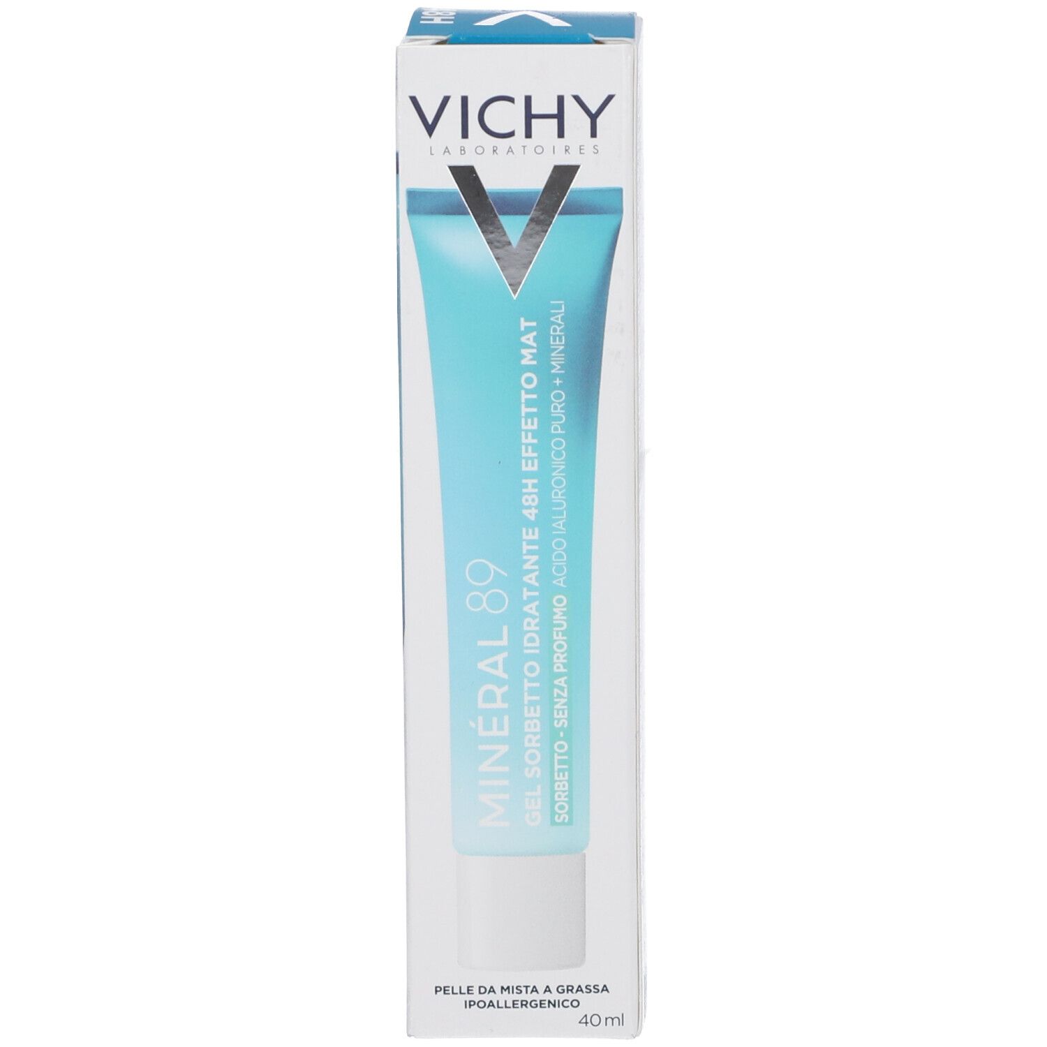 Confezione prodotto con tubo turchese. Scritta: Vichy, Mineral 89, Gel Sorbetto Idratante 48H. Logo.