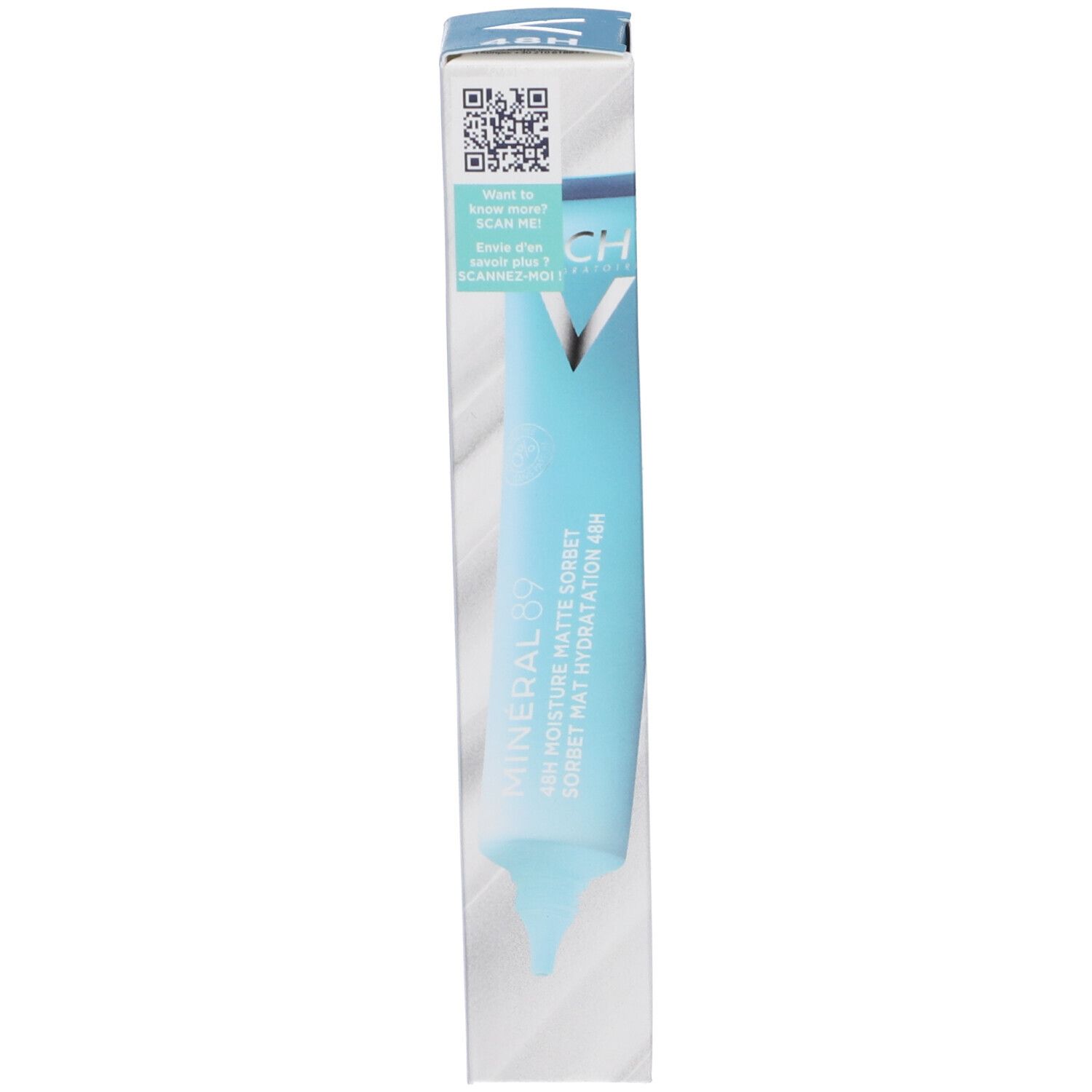 Lato della confezione del prodotto. Scritta: Vichy, Mineral 89, 48H Moisture Matte Sorbet. Codice QR.