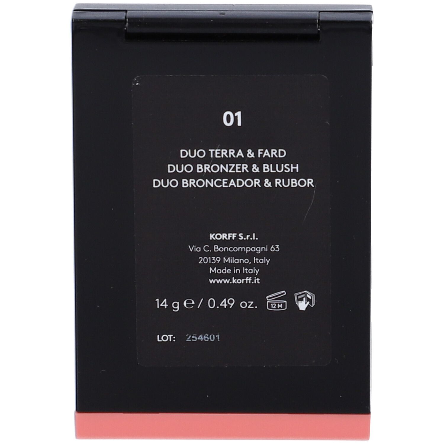 Retro del KORFF MK DUO BRONZER&BLUSH 01. Testo, ingredienti, 14g, prodotto in Italia.