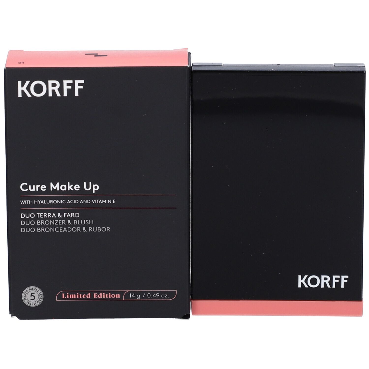 KORFF MK DUO BRONZER&BLUSH 01 nella confezione. Scatola nera con prodotto e testo.