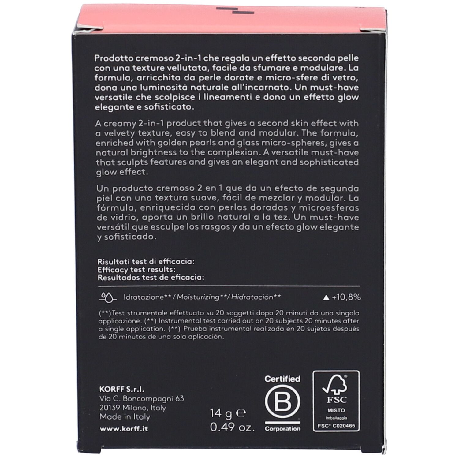 Retro della confezione di KORFF MK DUO BRONZER&BLUSH 01. Testo, certificazioni, 14g.