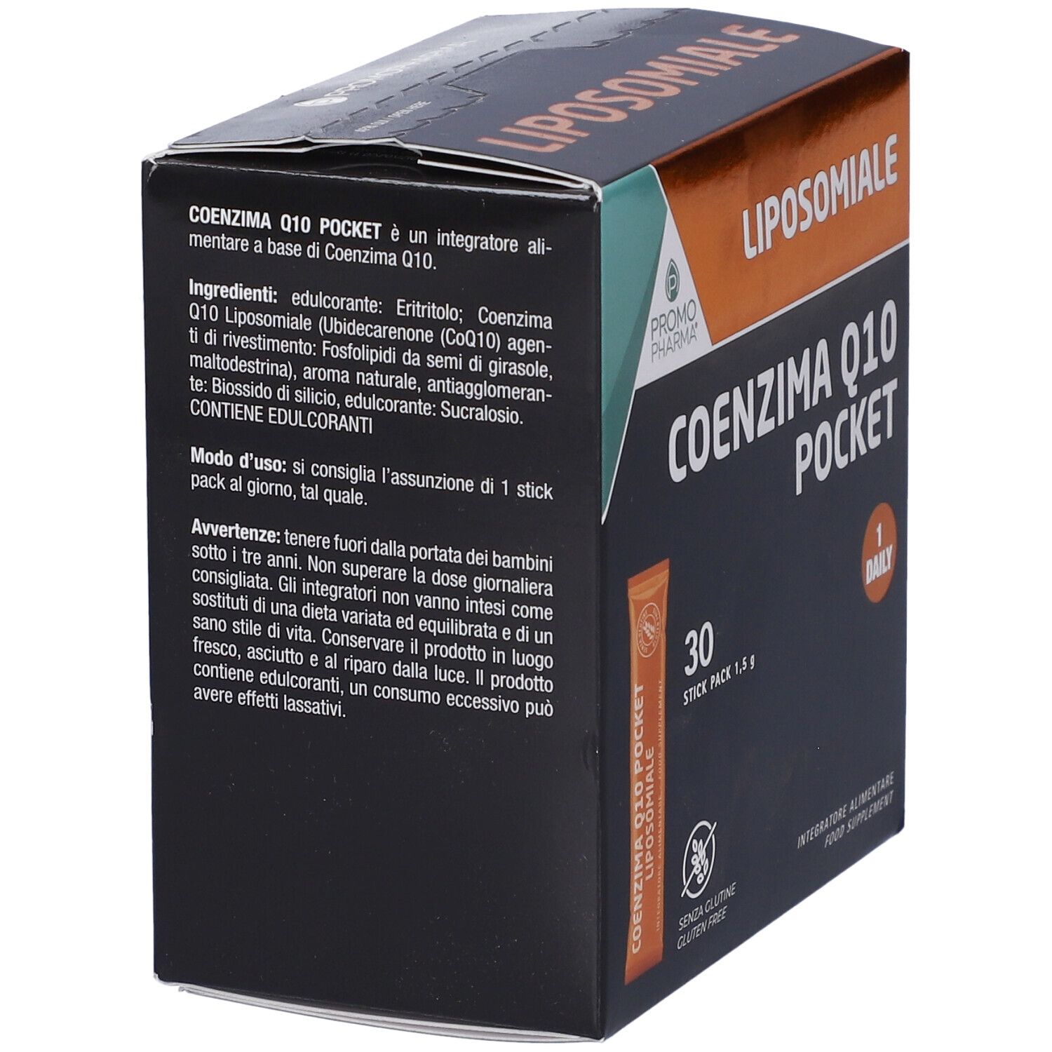 Retro della confezione con elenco ingredienti e modalità d'uso del Coenzima Q10 Pocket.