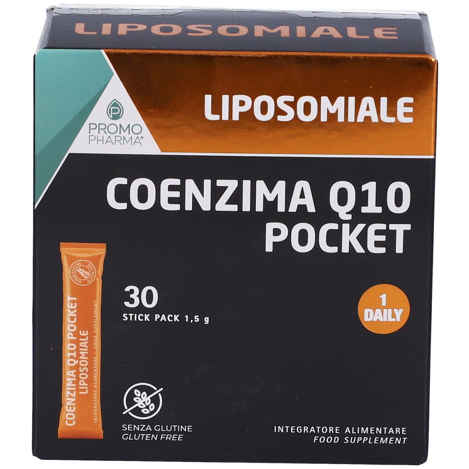 Fronte della confezione con il nome del prodotto Coenzima Q10 Pocket e l'indicazione di 30 stick.