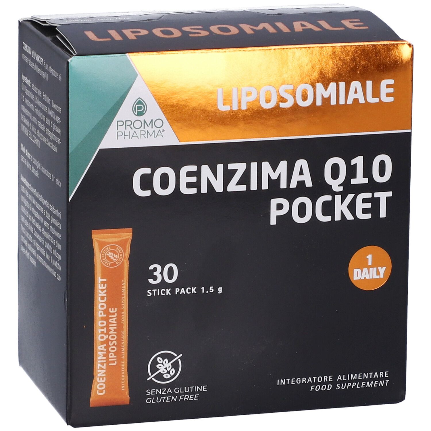 Confezione di Coenzima Q10 Pocket, mostra 30 stick confezionati singolarmente da 1,5 g.