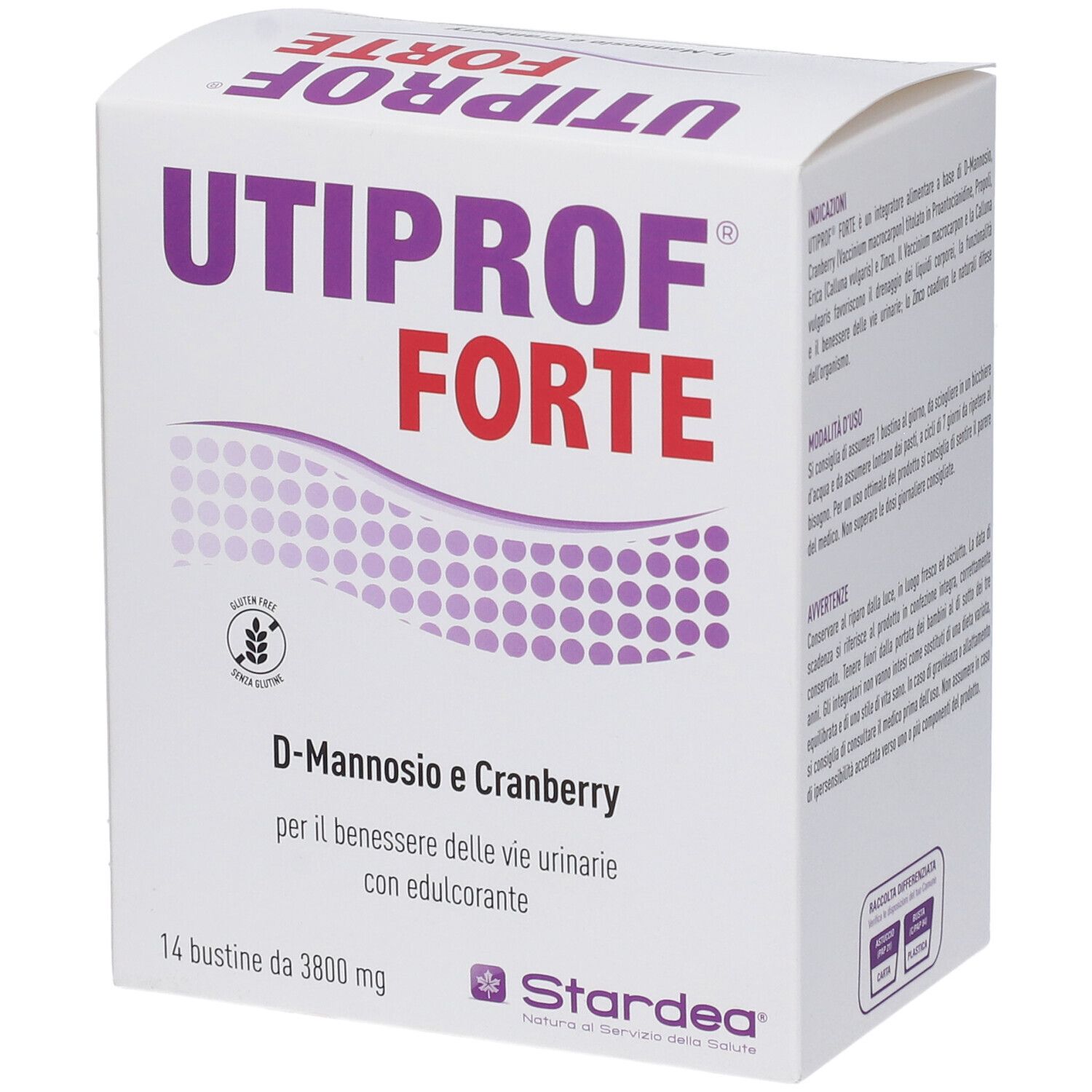 Scatola UTIPROF FORTE, 14 bustine. Scritto: D-Mannosio e Cranberry. Marchio: Stardea. Sigillo senza glutine.