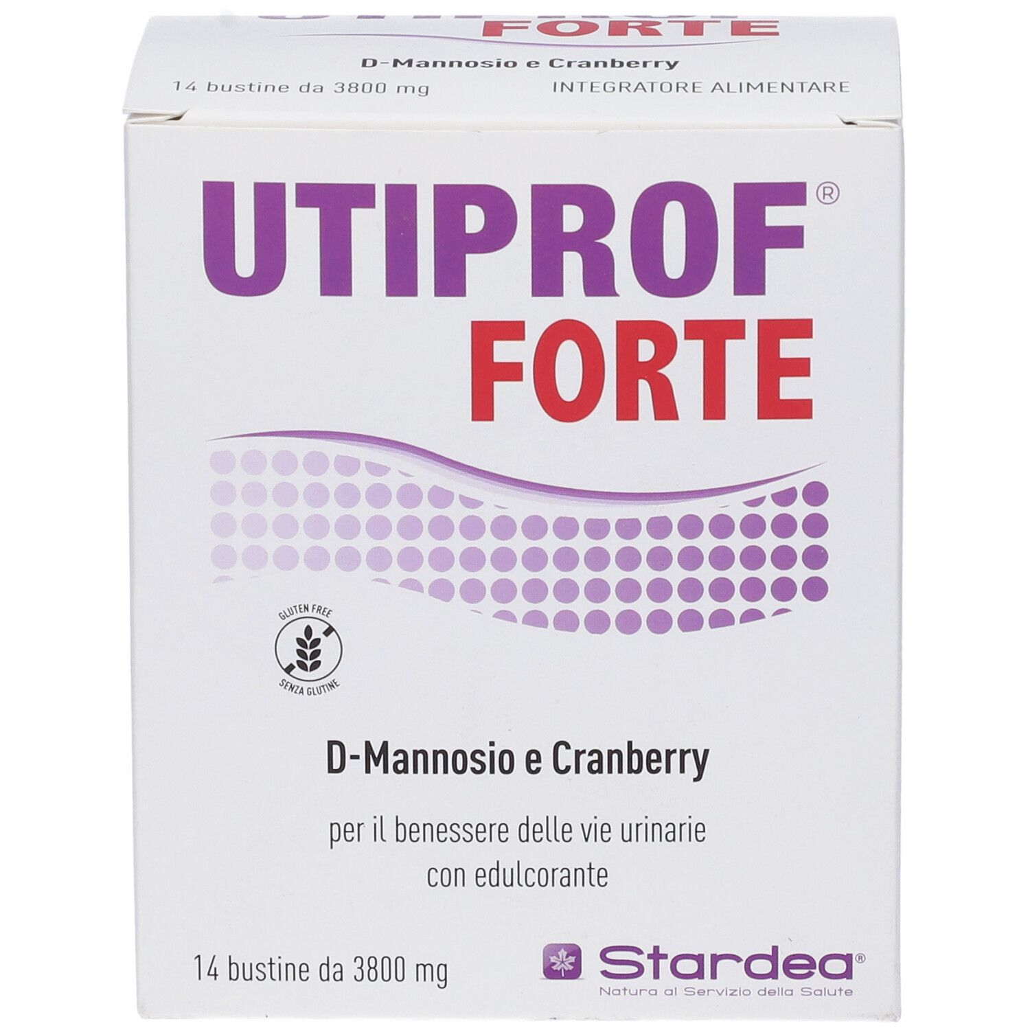 Scatola UTIPROF FORTE, 14 bustine. Scritto: D-Mannosio e Cranberry. Marchio: Stardea. Sigillo senza glutine.