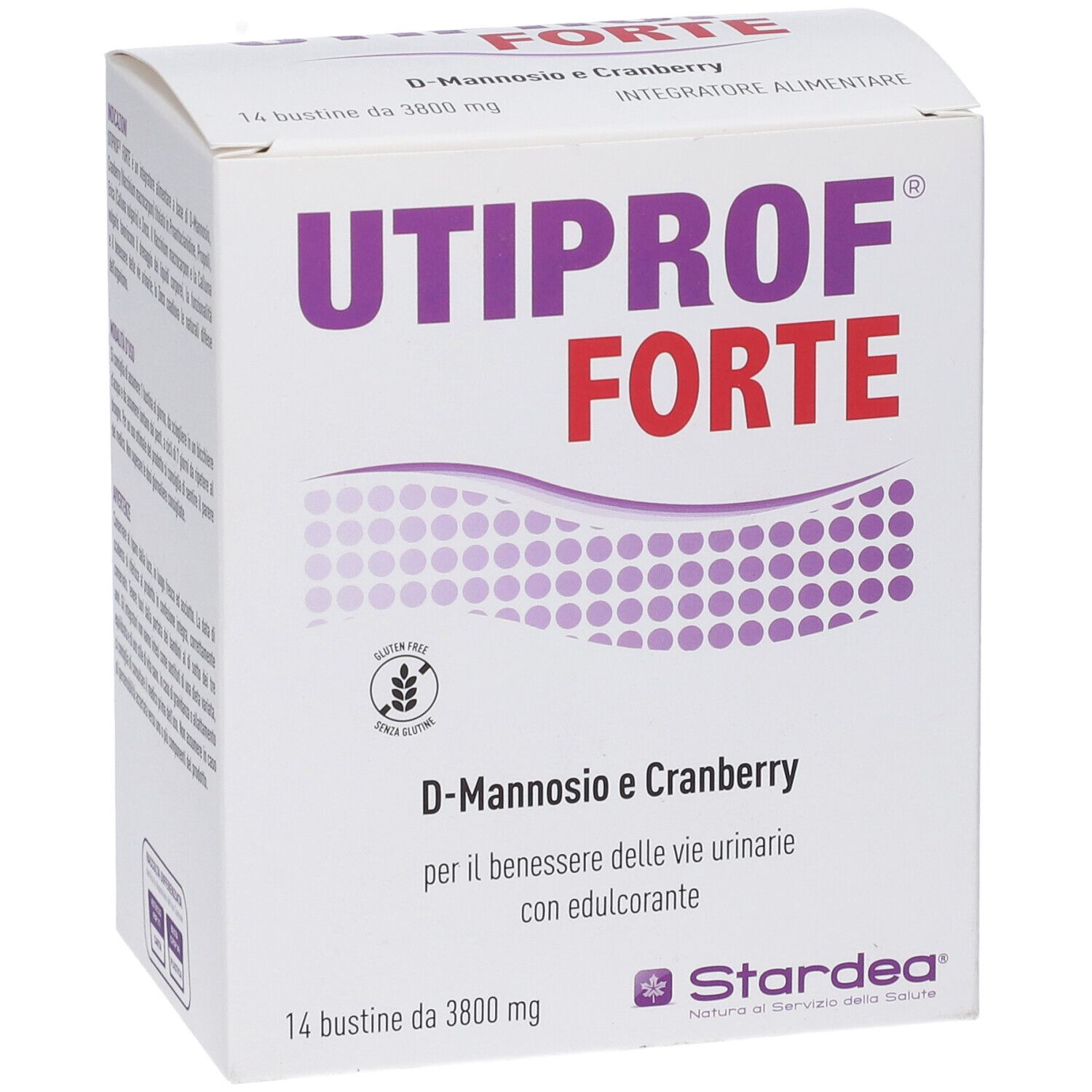 Scatola UTIPROF FORTE, 14 bustine. Scritto: D-Mannosio e Cranberry. Marchio: Stardea. Sigillo senza glutine.