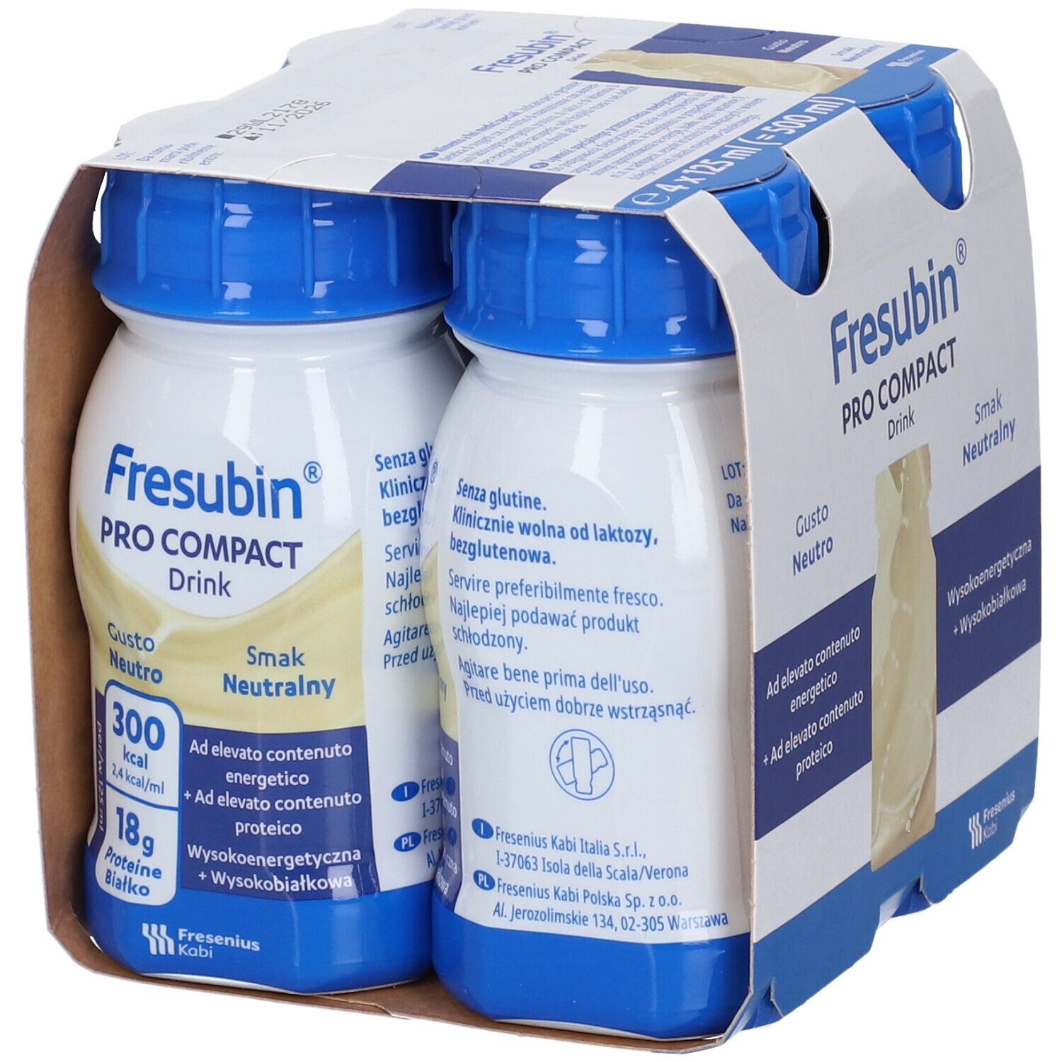 Fresubin Pro Compact Drink: Retro con informazioni nutrizionali (300 kcal, 18g proteine). 4x 125ml.