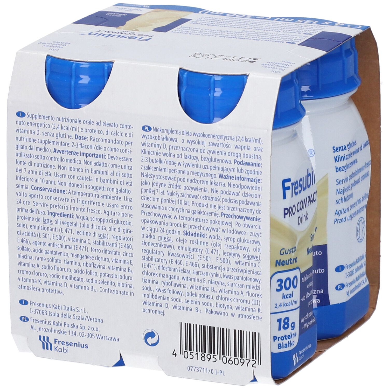 Fresubin Pro Compact Drink: Vista laterale con informazioni dettagliate sul prodotto e codice a barre. 4x 125ml.