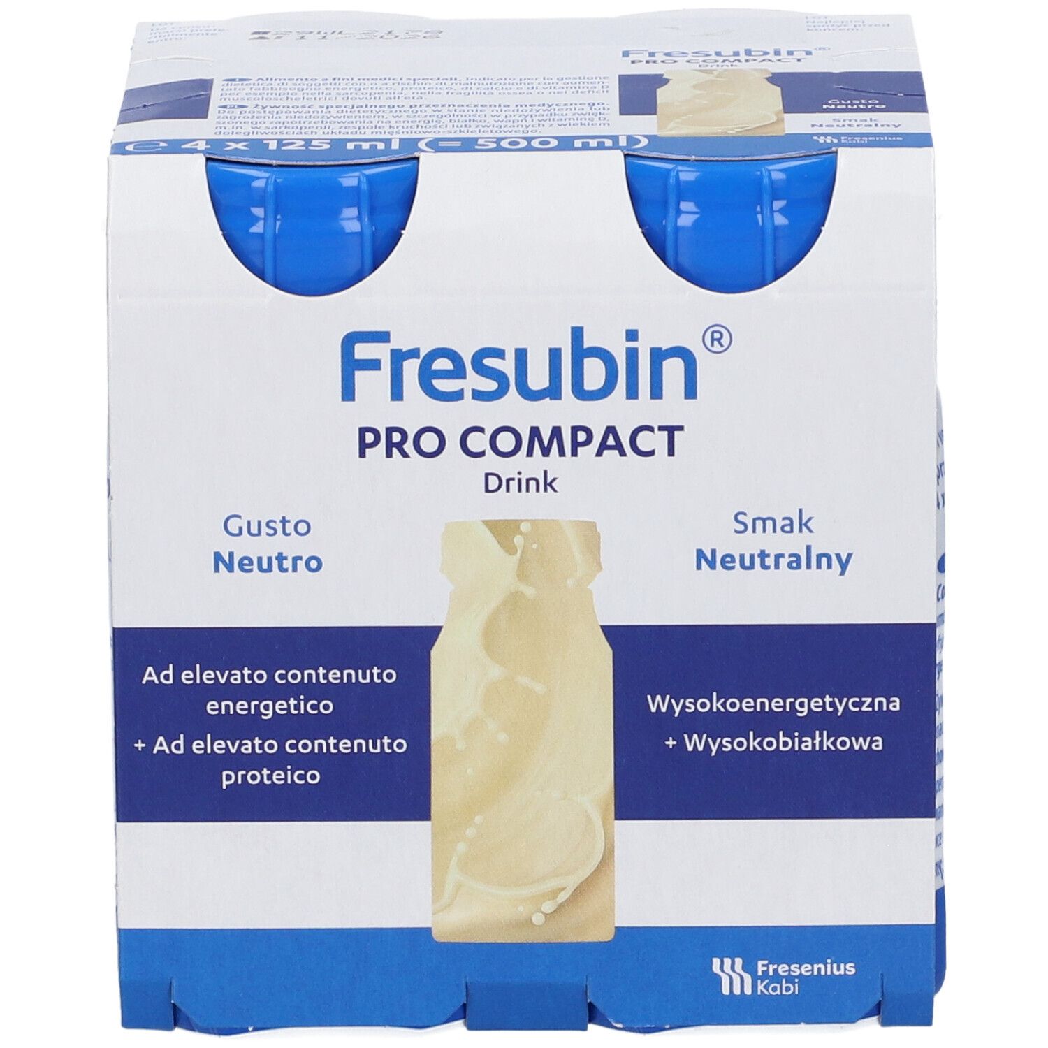 Fresubin Pro Compact Drink: 4x 125ml bottiglie in confezione di cartone. Gusto neutro, alta densità calorica.