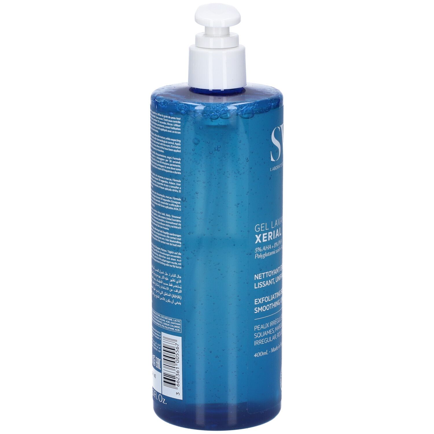 Flacone blu con pompa contenente gel detergente, XERIAL 5, 400ml.