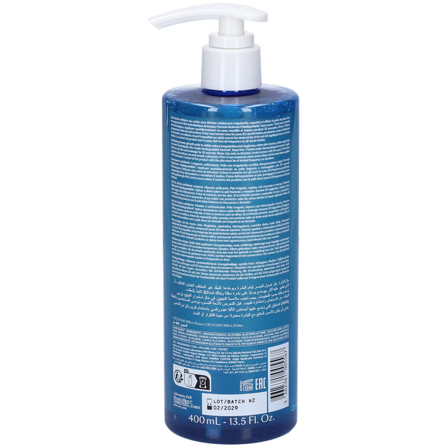 Flacone spray blu con etichette bianche e scritte nere. Contiene 400 ml.