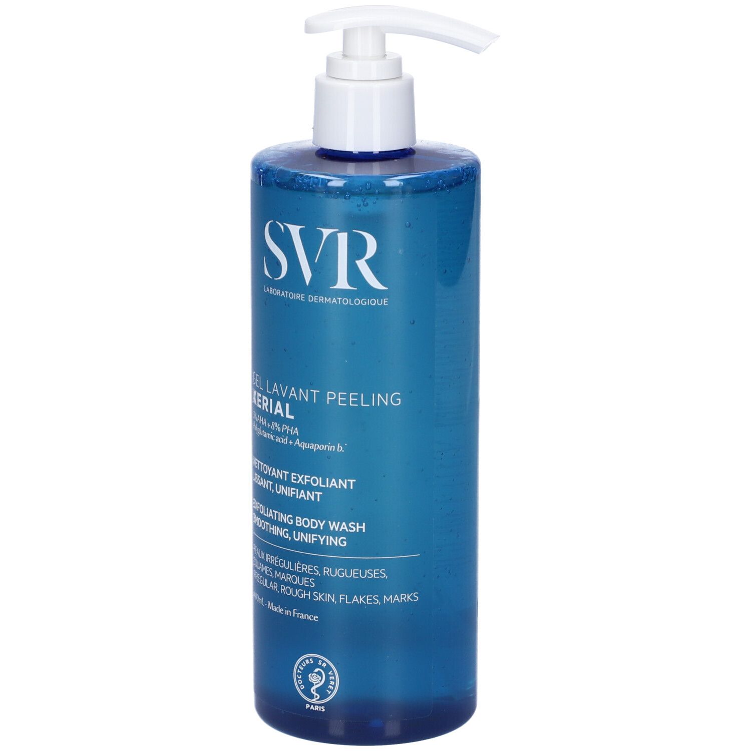 Gel lavante corpo esfoliante SVR in flacone blu con pompa. Contiene AHA.