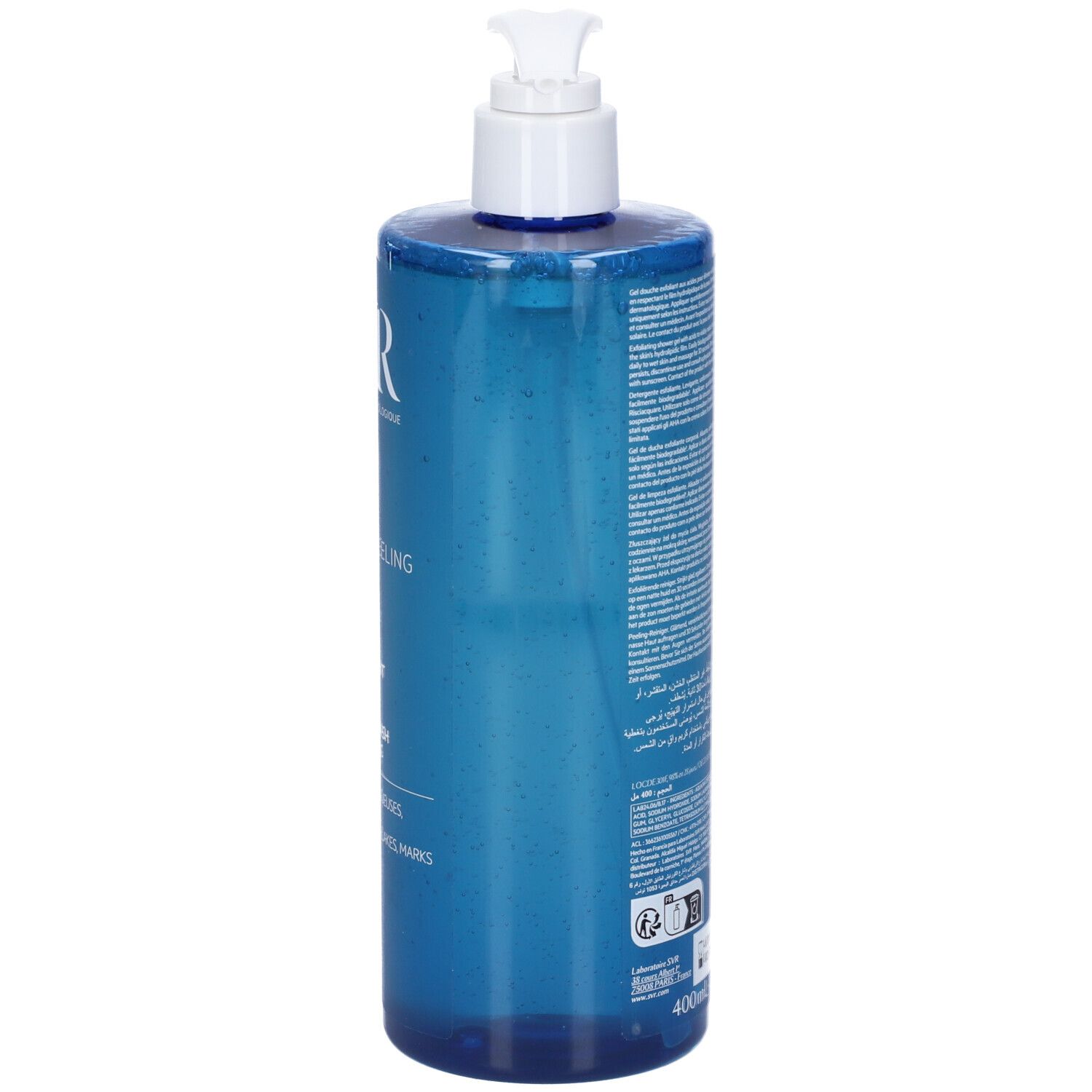 Flacone blu con pompa, gel trasparente e dispenser bianco.