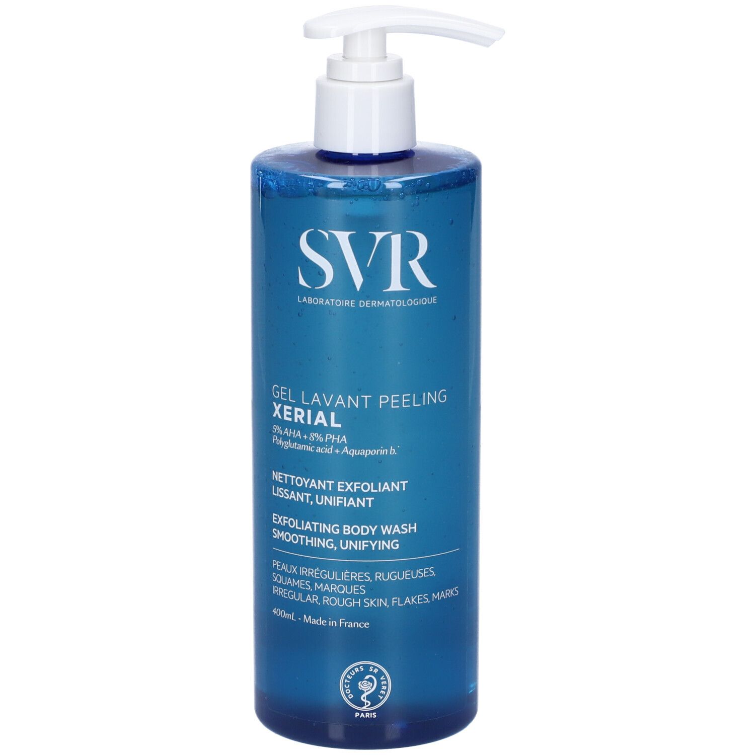 SVR Xerial Gel Lavant Peeling, flacone pompa blu da 400ml con dispenser bianco.