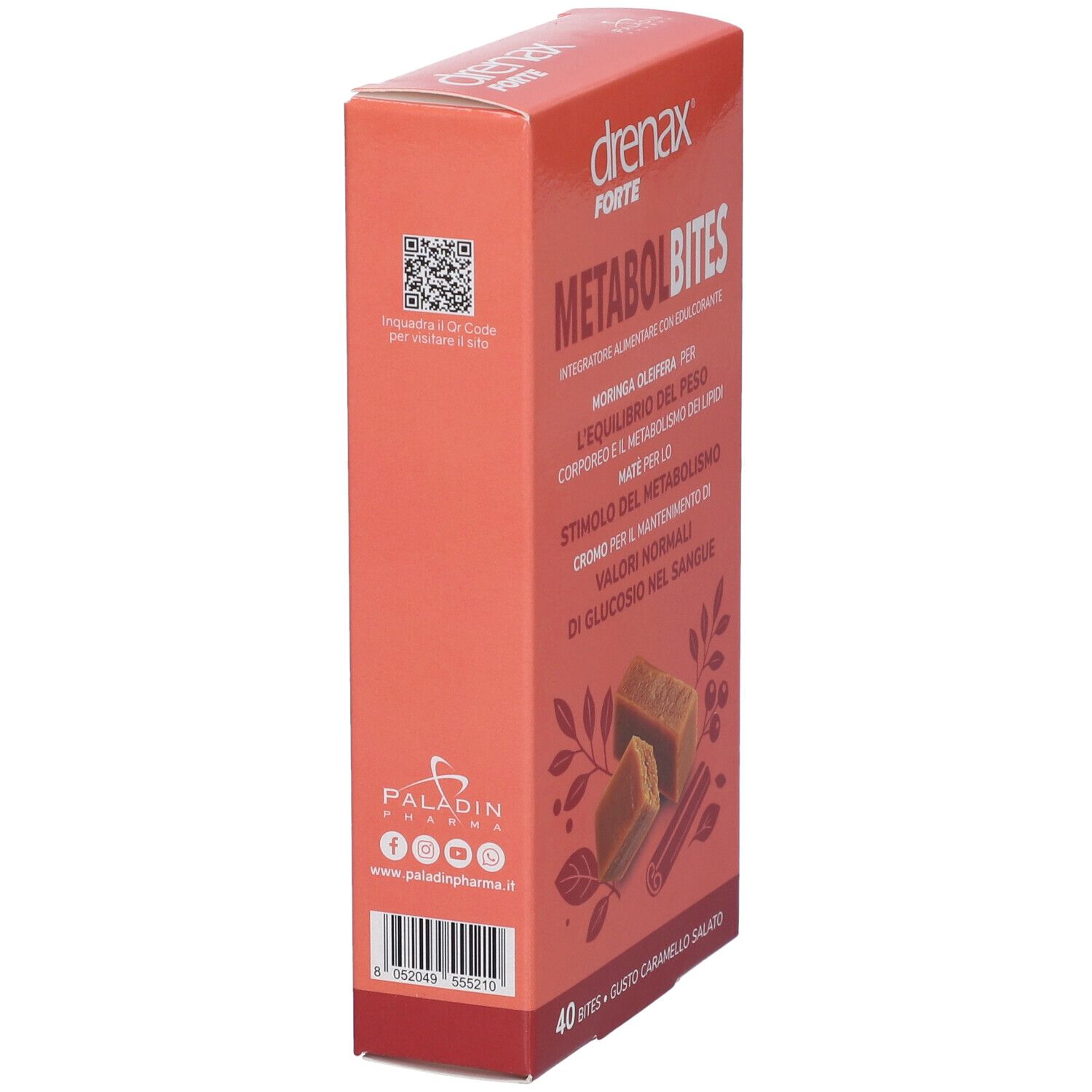 Confezione Drenax Forte Metabolbites, vista laterale. Scatola rossa con informazioni e logo.