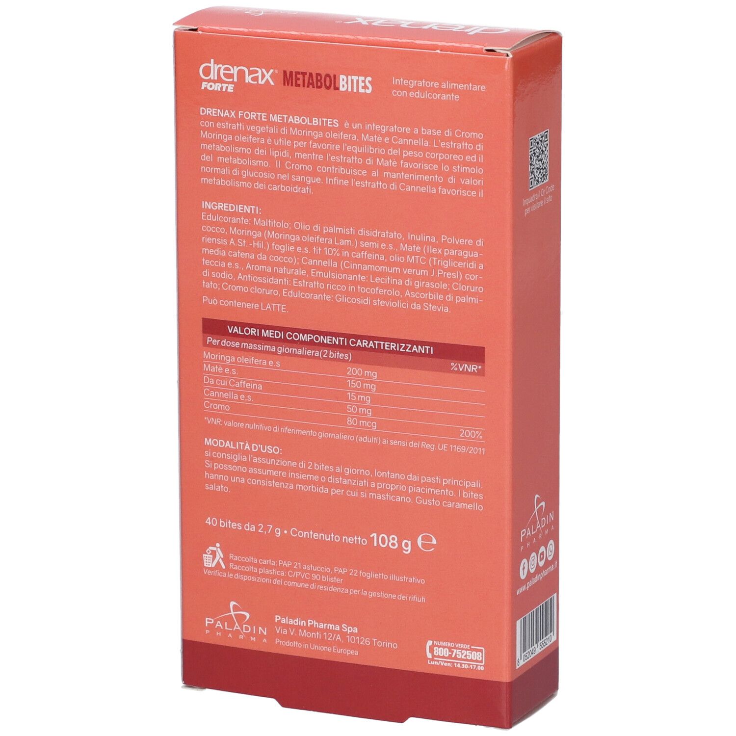 Retro della confezione Drenax Forte Metabolbites. Contiene ingredienti e valori nutrizionali.