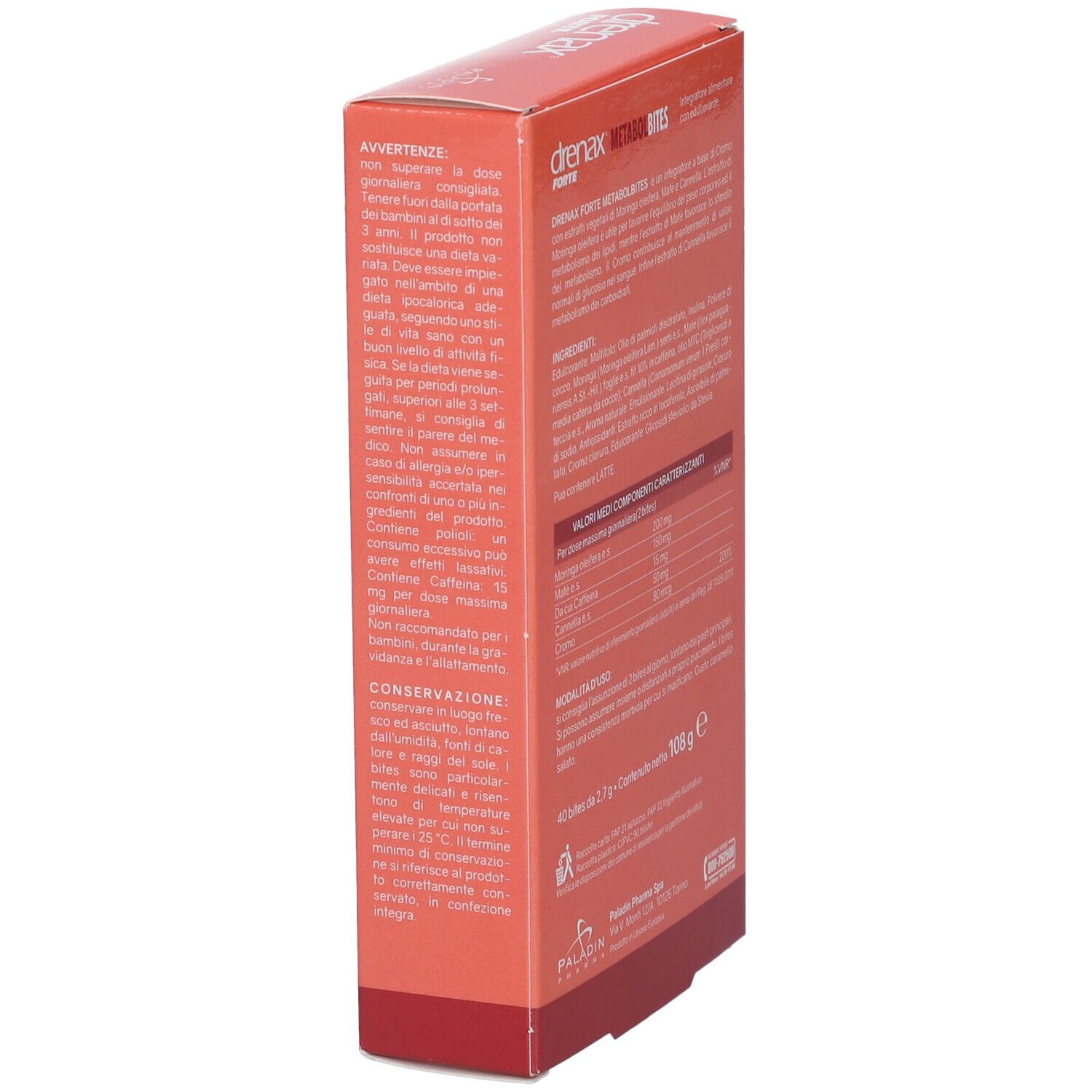 Confezione Drenax Forte Metabolbites, vista laterale. Scatola rossa con avvertenze e informazioni.
