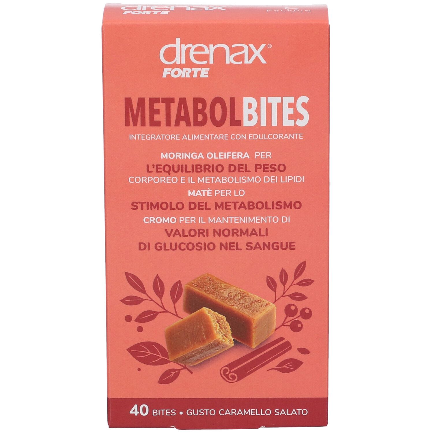 Fronte della confezione Drenax Forte Metabolbites. Scatola rossa con nome e immagine di caramelle.