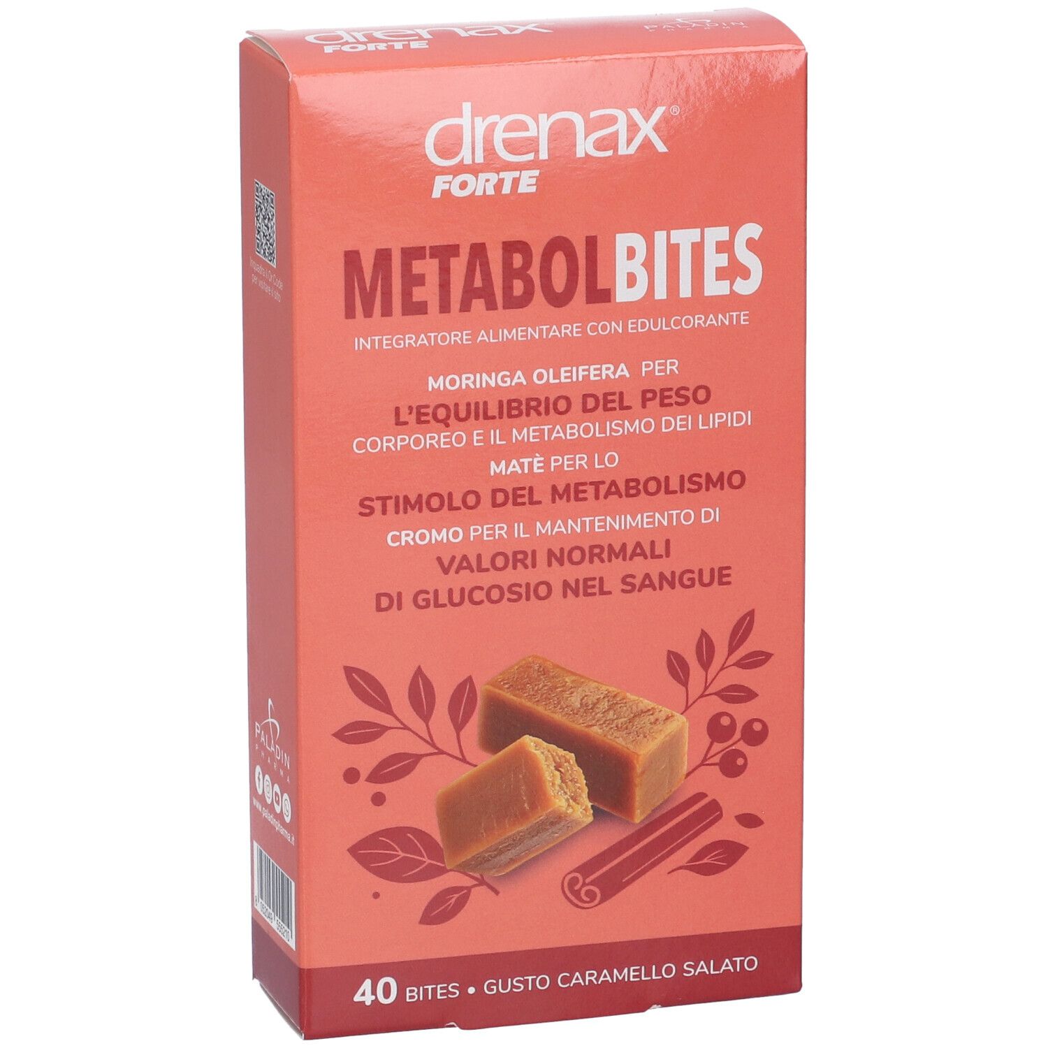 Fronte della confezione Drenax Forte Metabolbites. Scatola rossa con nome e immagine di caramelle.