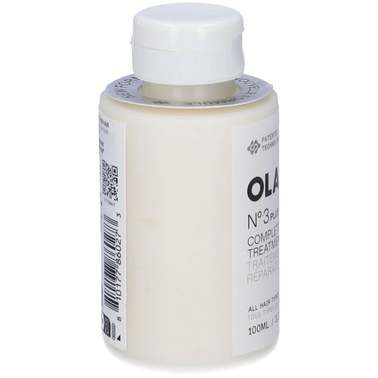 Flacone beige con tappo bianco. Etichetta laterale con testo e codice QR. Retro con testo.