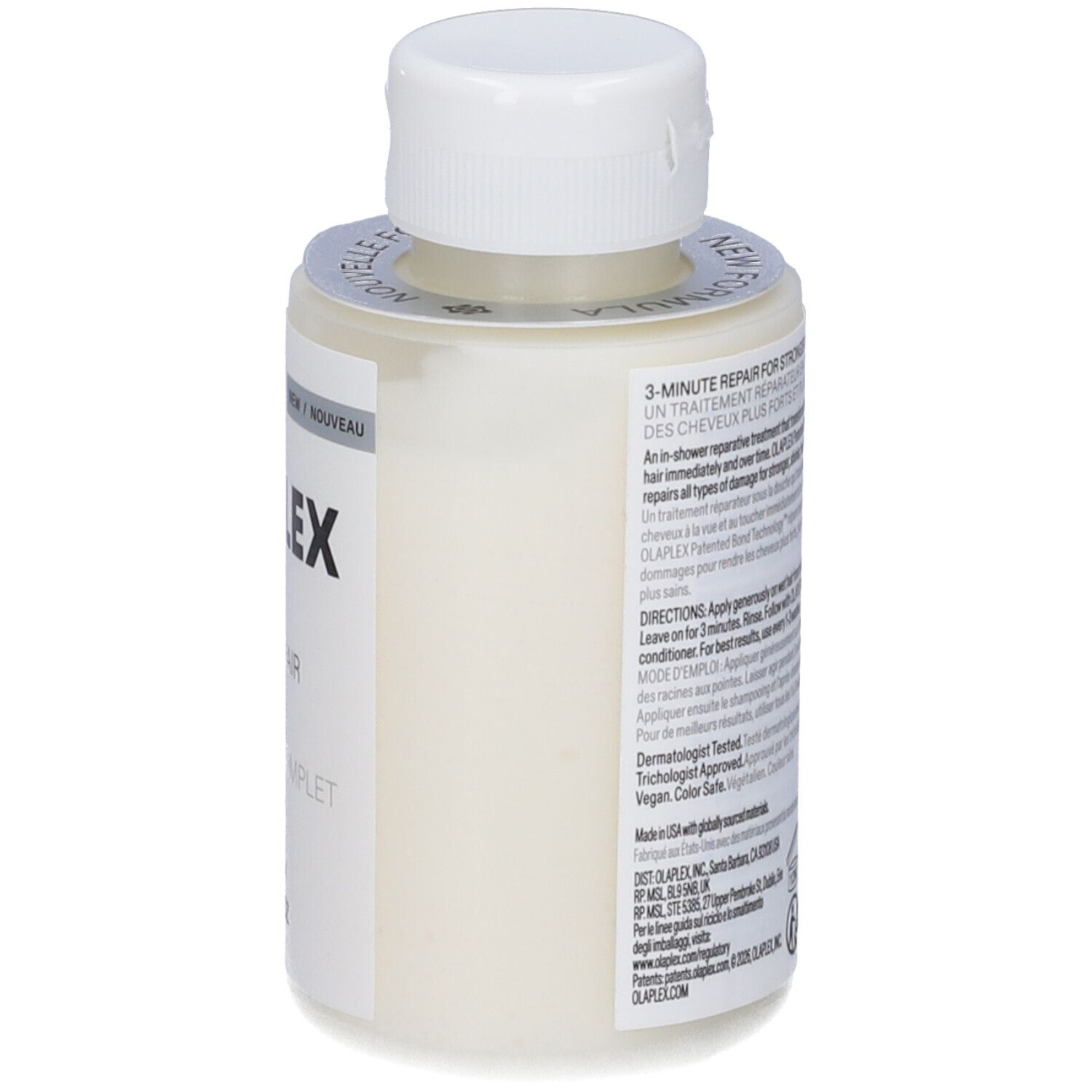 Vista posteriore di un flacone beige con tappo bianco. Testo sull'etichetta: 3-MINUTE REPAIR FOR STRONGER, HEALTHIER HAIR.