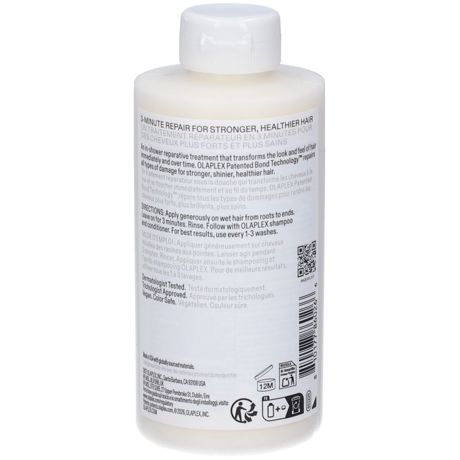 Olaplex N°3 Plus Complete Repair Treatment. Retro del flacone. Testo, codice a barre, loghi. Tappo bianco.