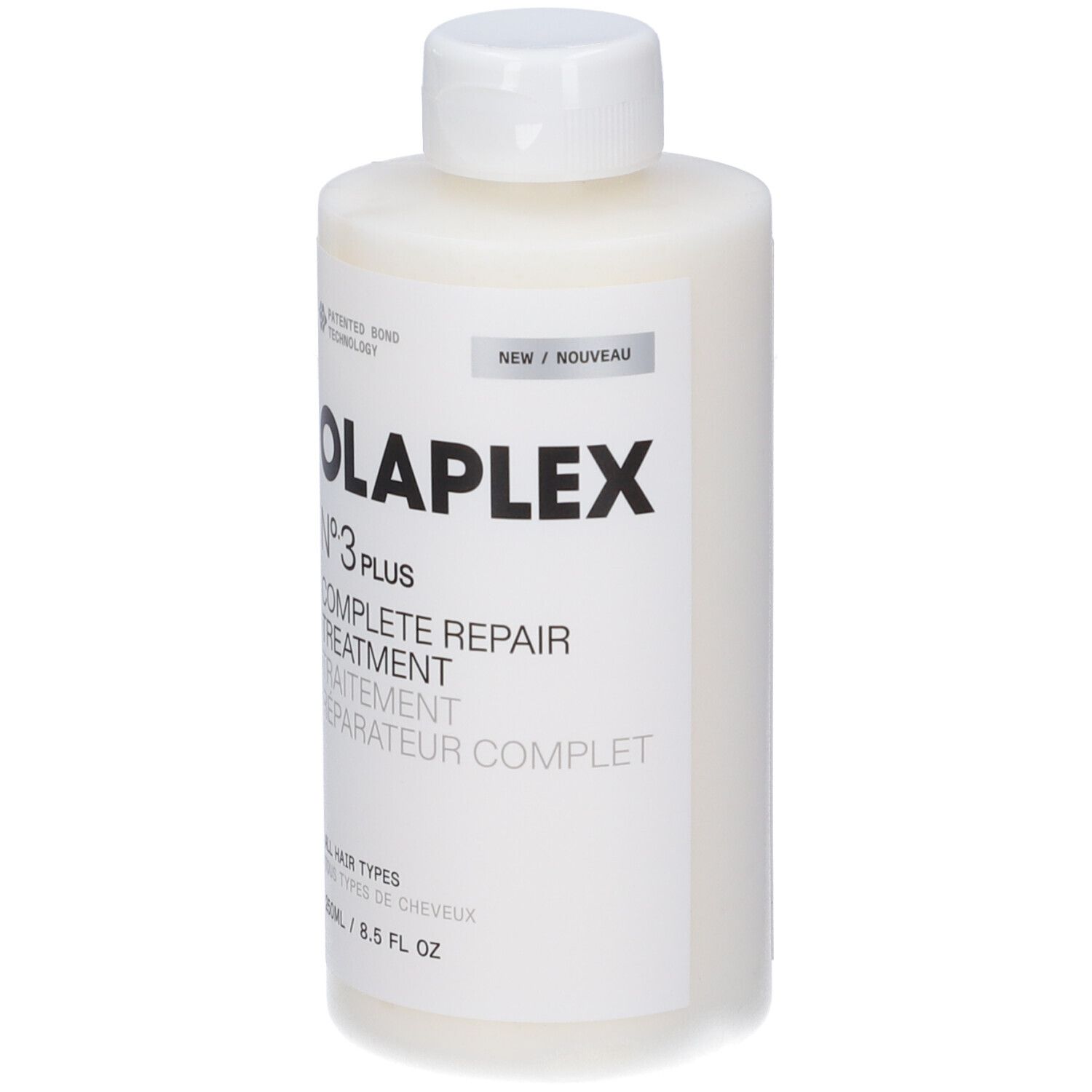 Olaplex N°3 Plus Complete Repair Treatment. Flacone bianco, tappo bianco. Scritta nera. 250ml.