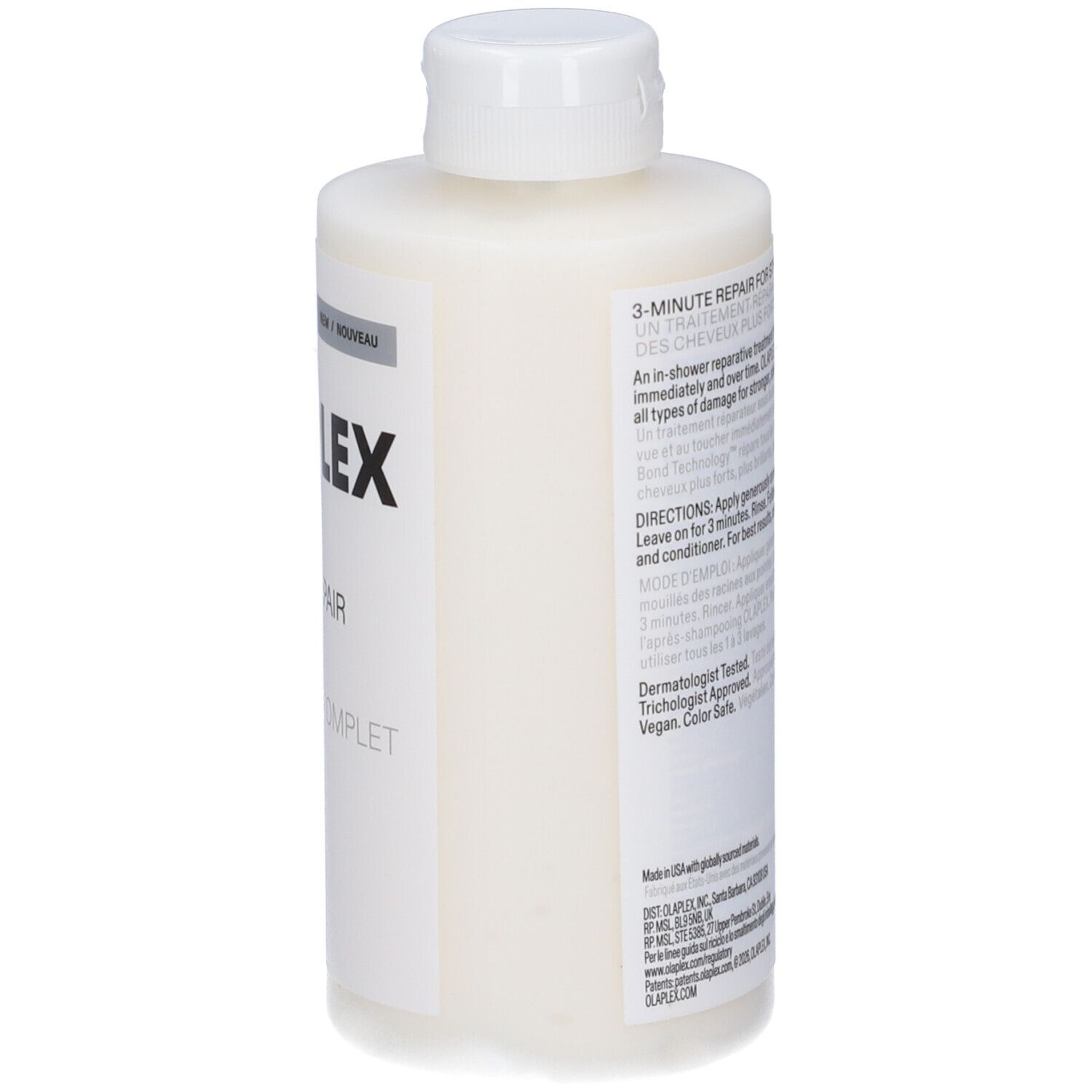 Olaplex N°3 Plus Complete Repair Treatment. Lato del flacone con testo. Tappo bianco. Scritta nera.