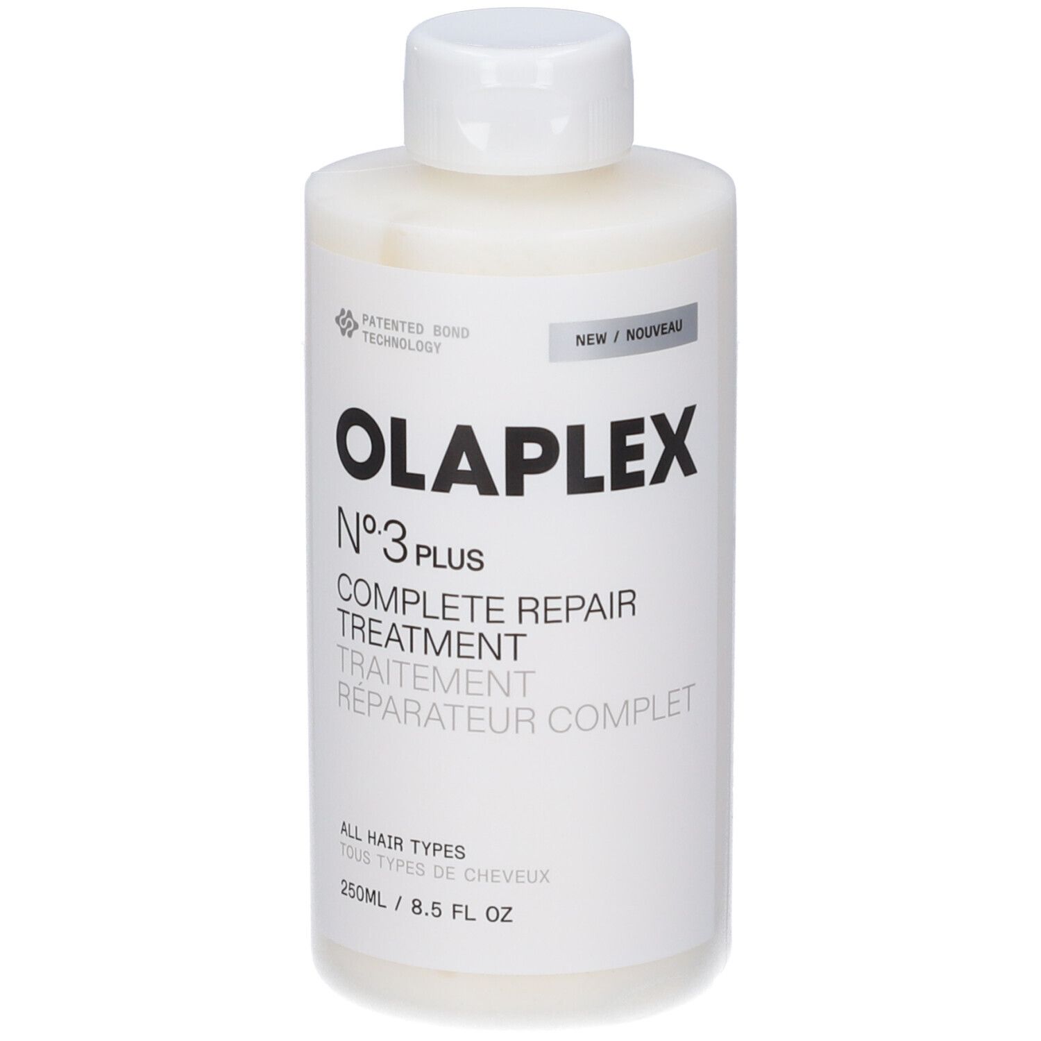 Olaplex N°3 Plus Complete Repair Treatment. Flacone bianco, tappo bianco. Scritta nera. 250ml.