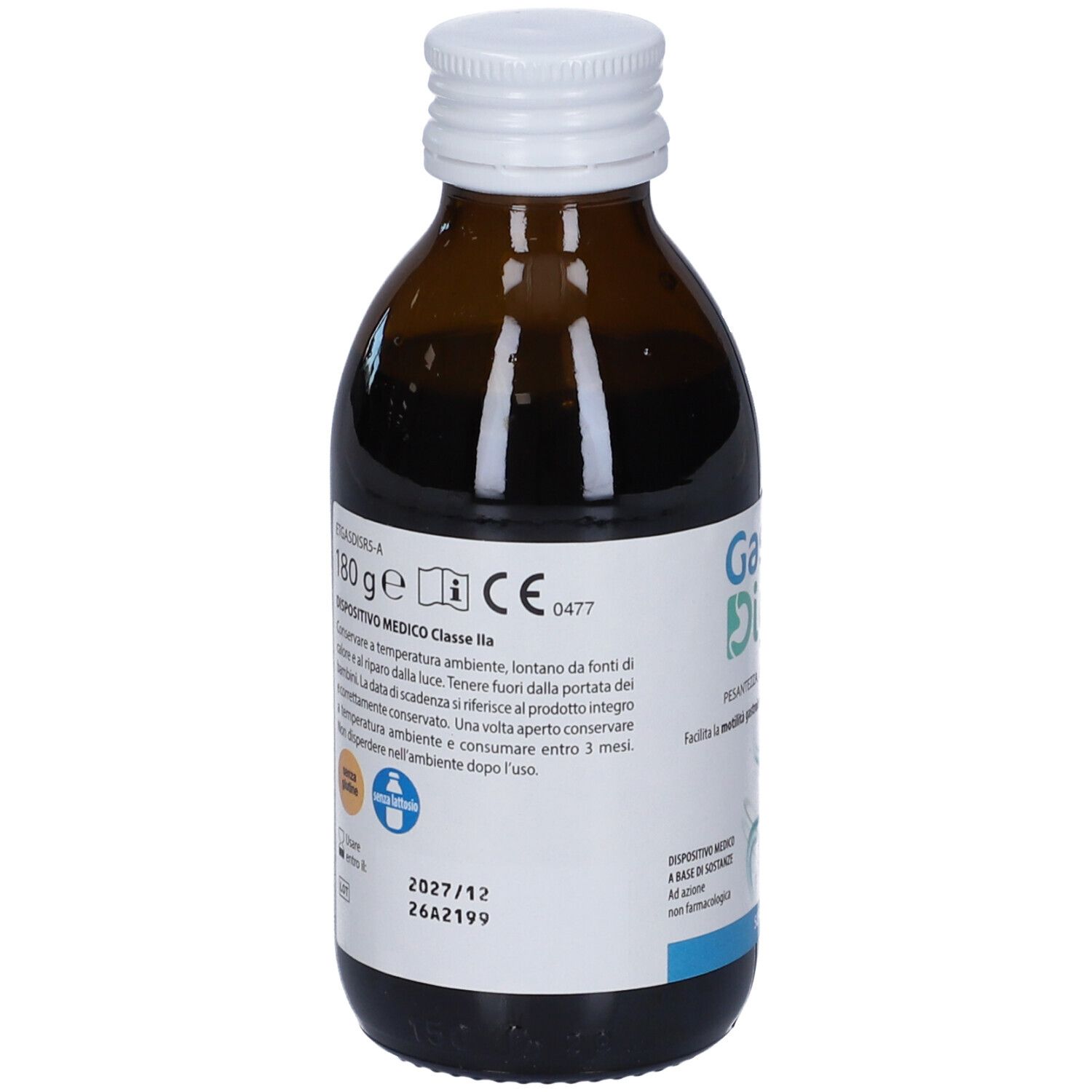 Retro del flacone in vetro marrone. Etichetta con informazioni, numero di lotto e scadenza. Dispositivo medico.