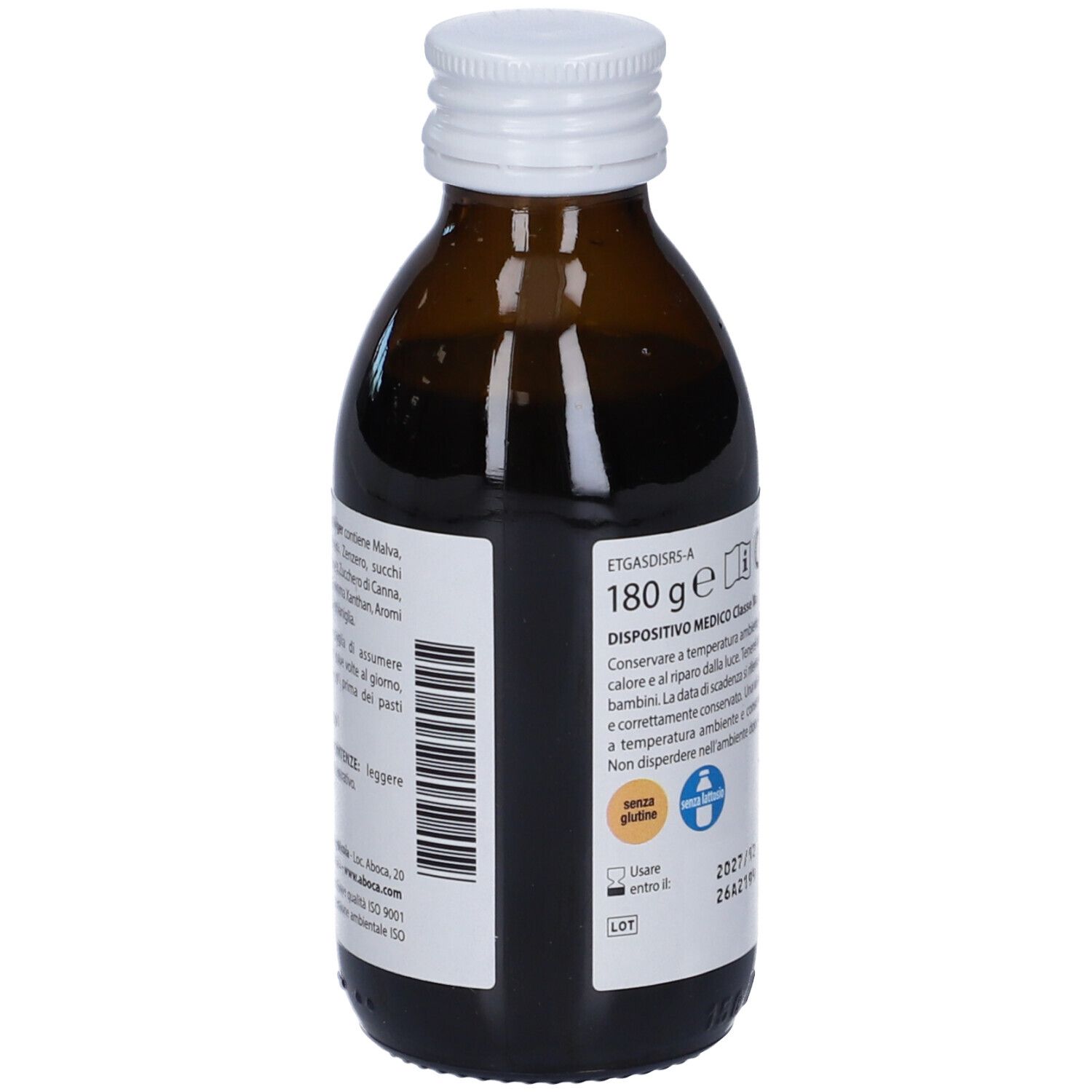 Retro del flacone in vetro marrone. Etichetta con informazioni, numero di lotto e scadenza. Senza glutine.