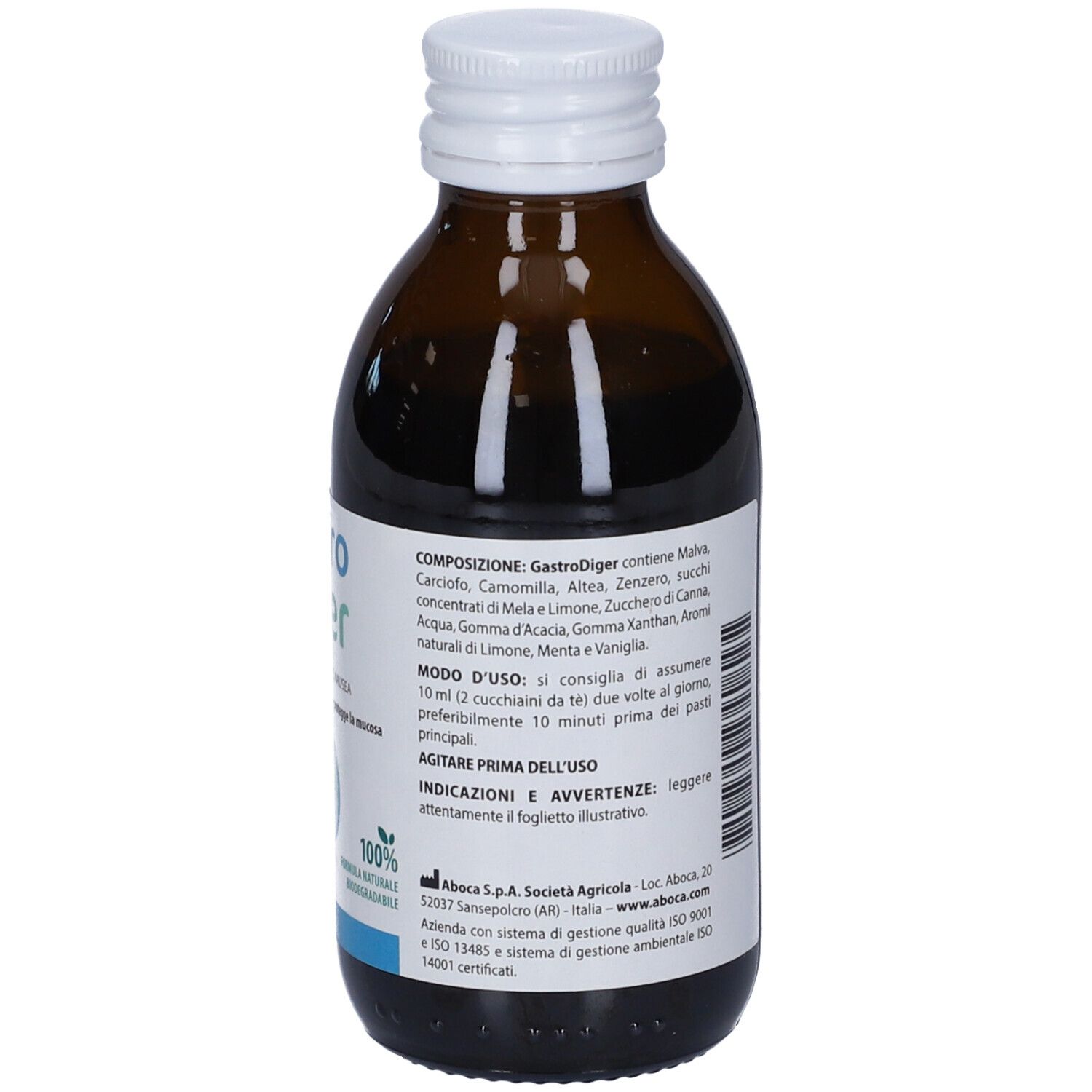 Flacone di vetro marrone, tappo bianco. Etichetta con ingredienti e istruzioni per l'uso. Dispositivo medico.