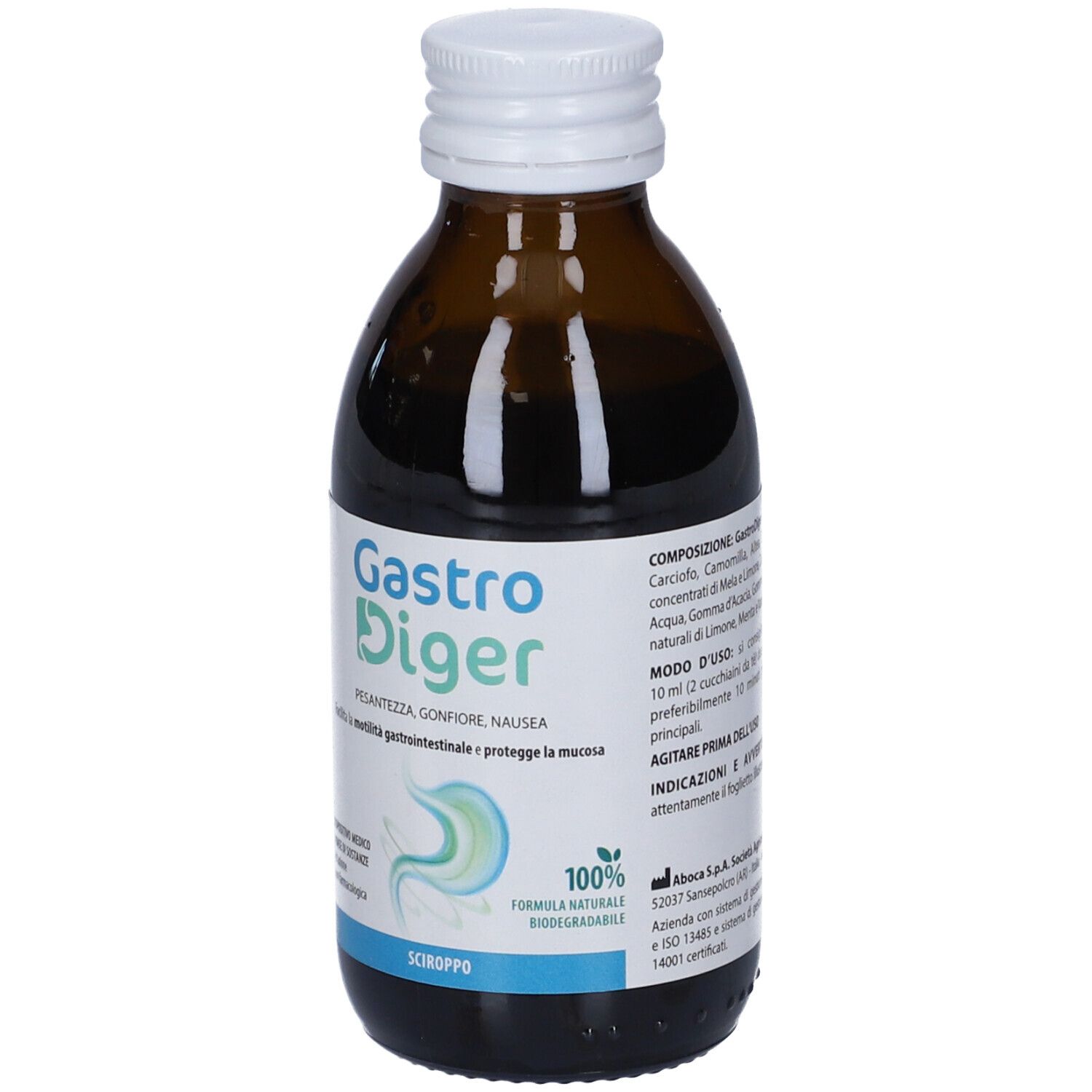 Flacone di vetro marrone, tappo bianco. Etichetta con nome del prodotto e descrizione. Dispositivo medico.