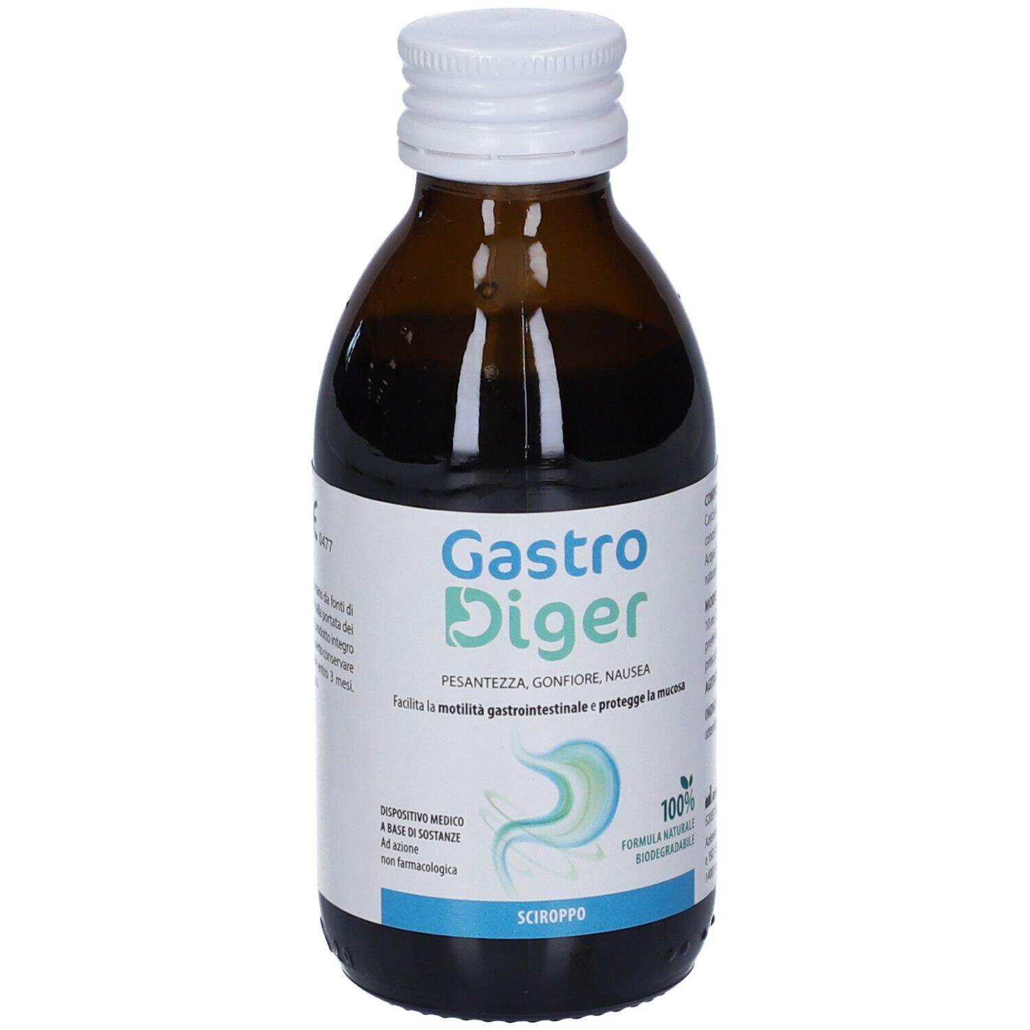 Flacone di vetro marrone, tappo bianco. Etichetta con nome del prodotto e descrizione. Dispositivo medico.