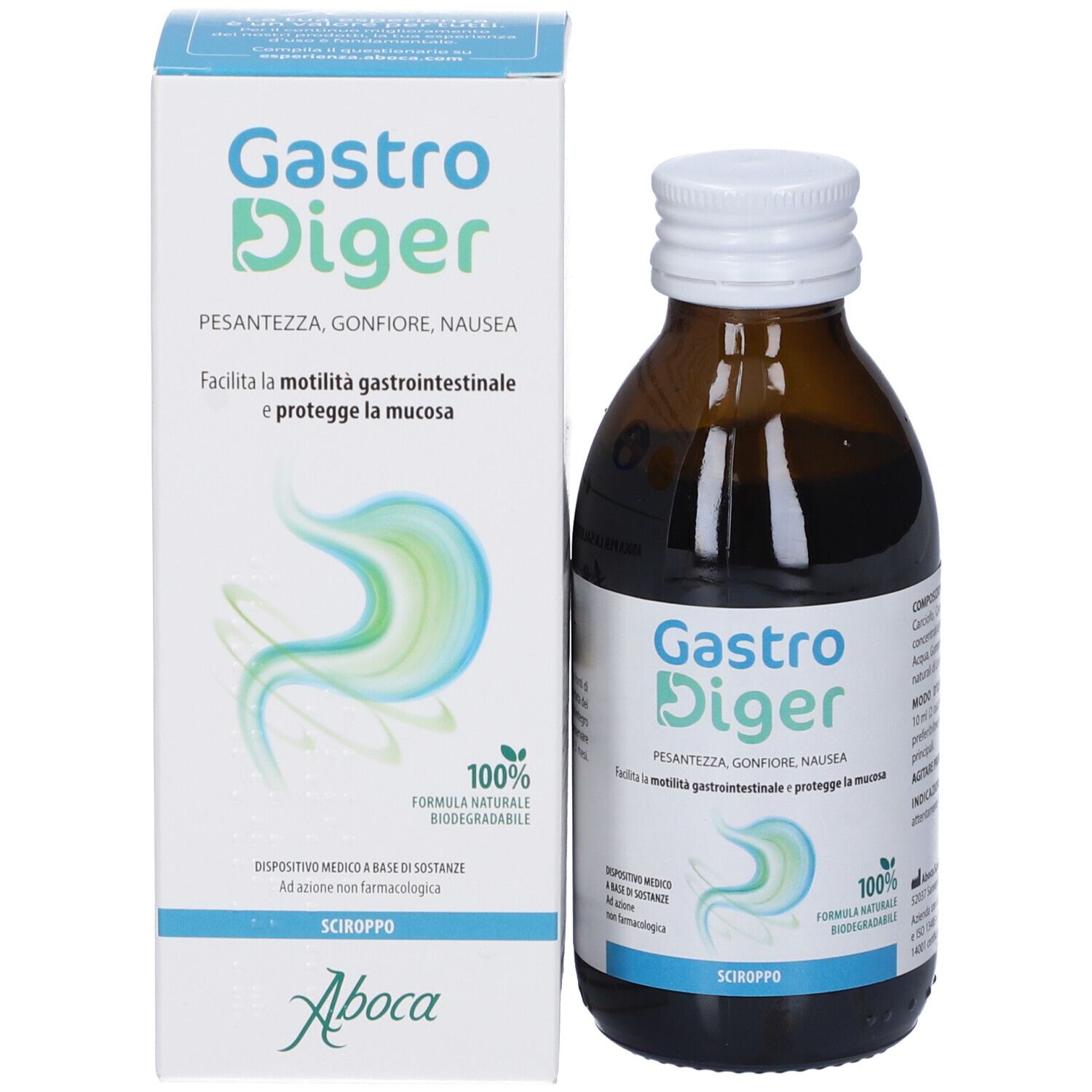 Flacone e scatola del prodotto. Scatola con nome del prodotto e descrizione. Dispositivo medico.