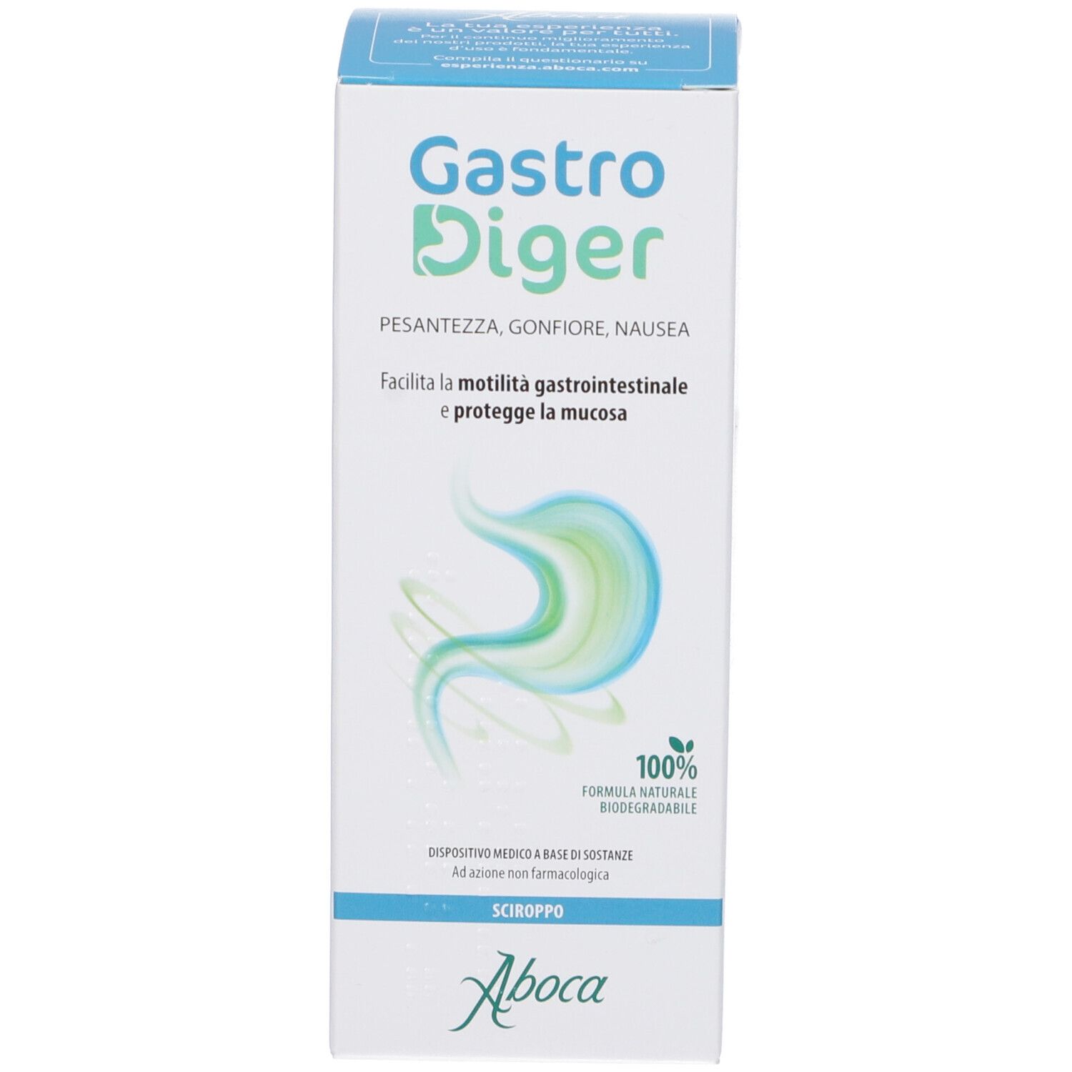 Confezione del prodotto. Scatola con nome del prodotto e descrizione. Dispositivo medico.