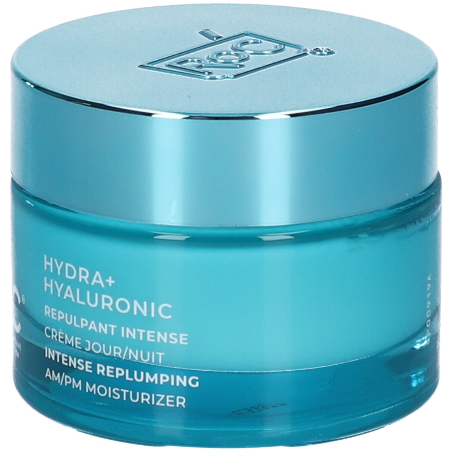 Vasetto turchese con coperchio argentato. Hydra+ Hyaluronic è scritto sul vasetto.