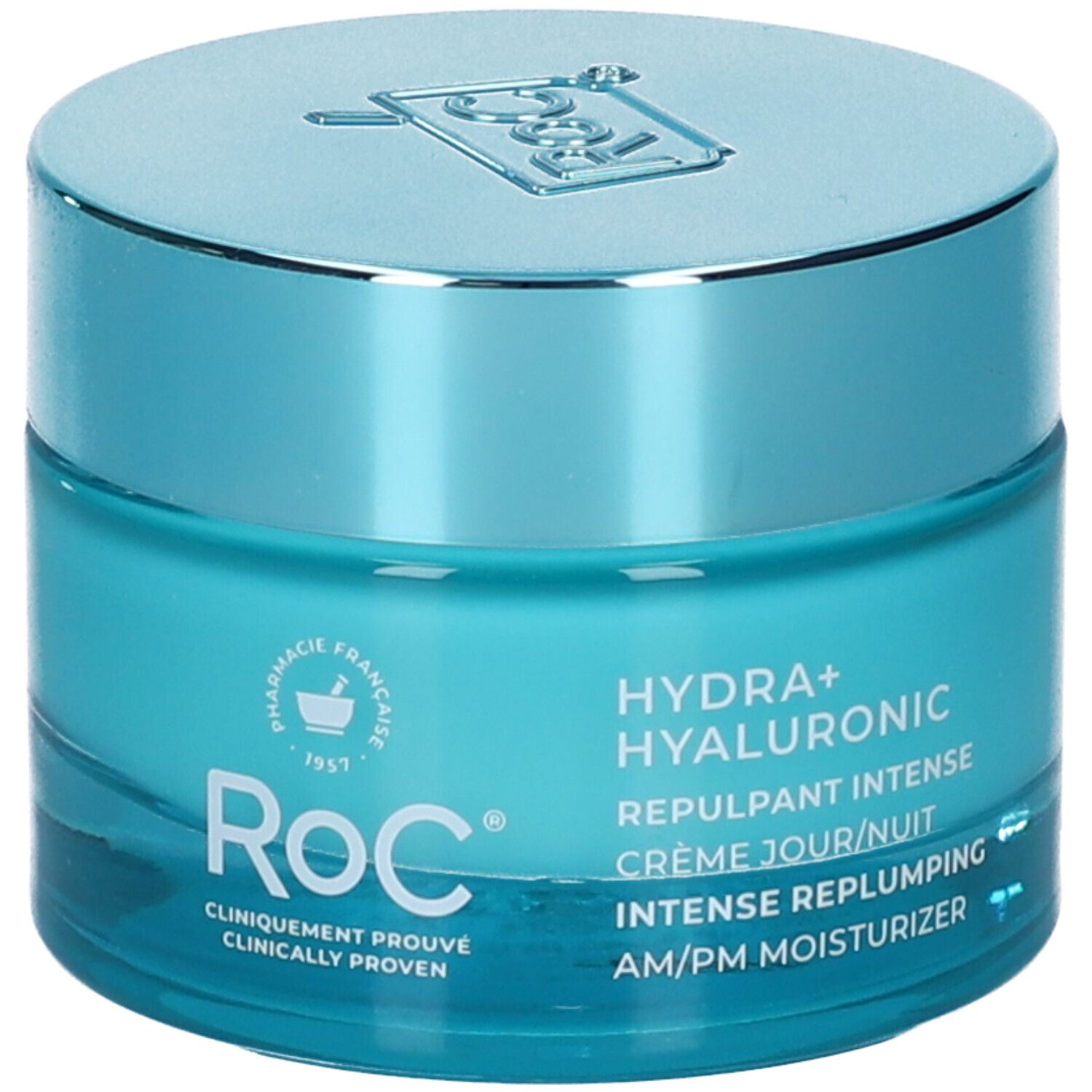 Vasetto turchese con coperchio argentato. Hydra+ Hyaluronic e logo Roc sul vasetto.