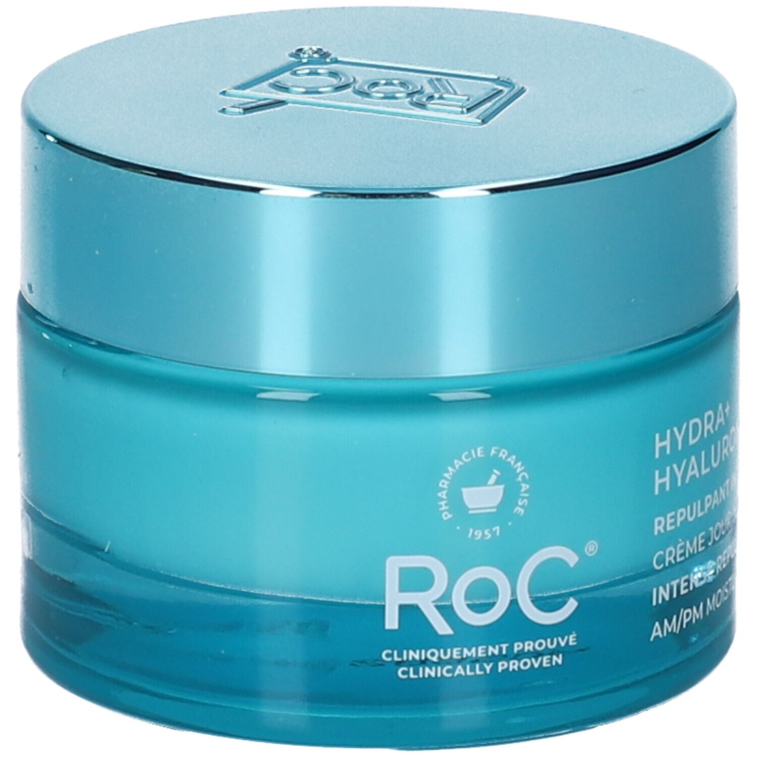 Vasetto turchese con coperchio argentato. Hydra+ Hyaluronic e logo Roc sul vasetto.