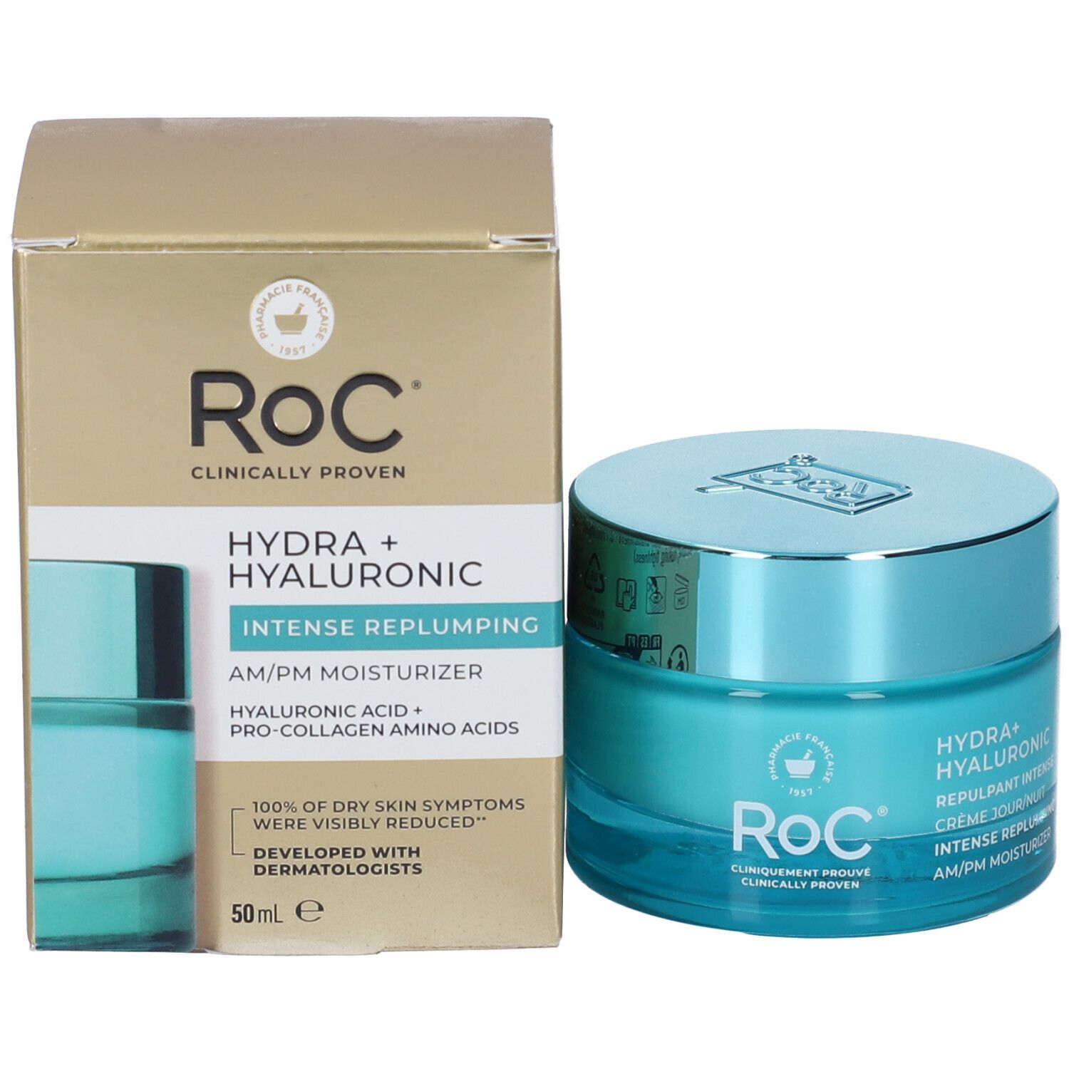 Confezione e vasetto del prodotto. Scatola dorata e vasetto turchese. Roc Hydra+ Hyaluronic è scritto sulla scatola.