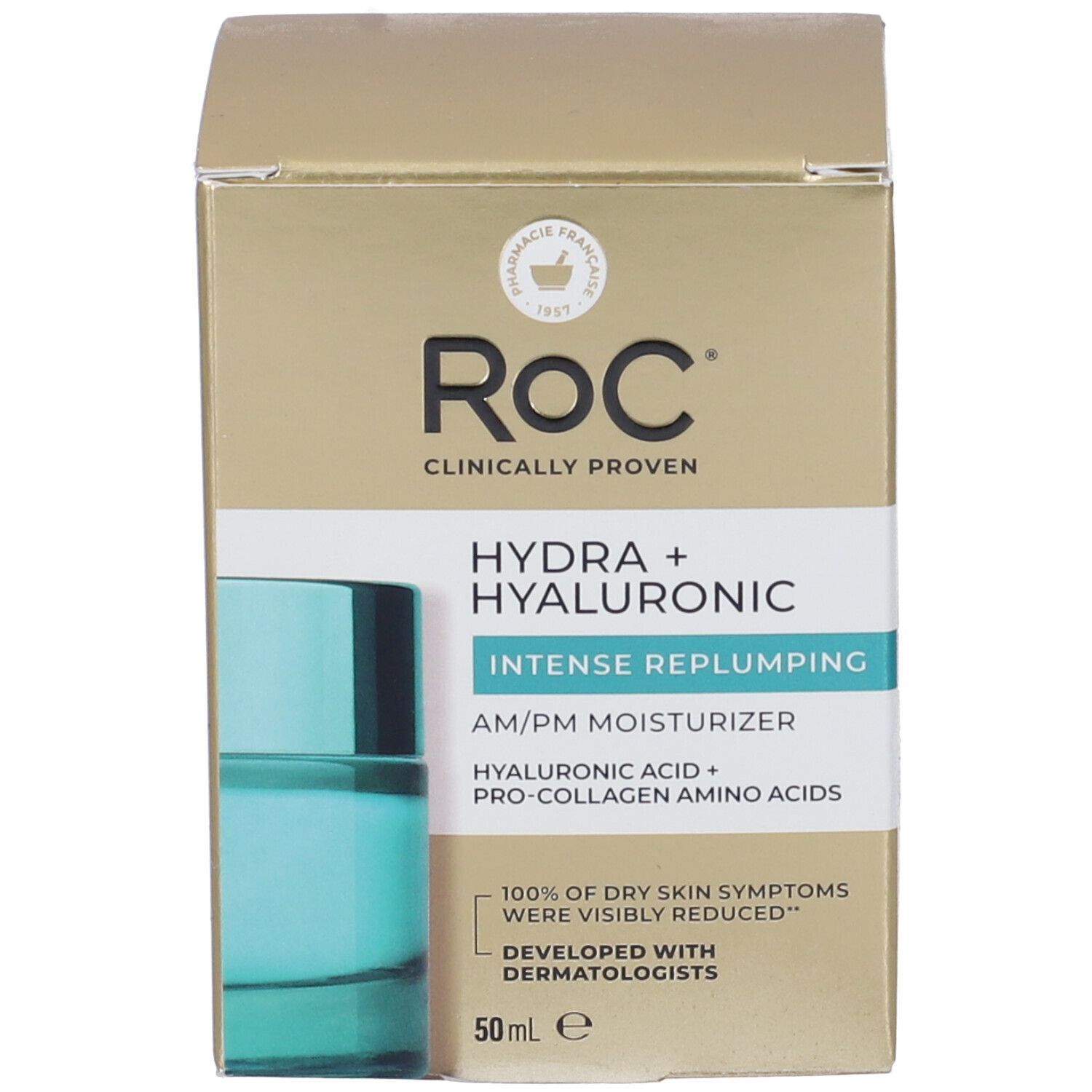 Confezione del prodotto dorata. Roc Hydra+ Hyaluronic è scritto sulla confezione.