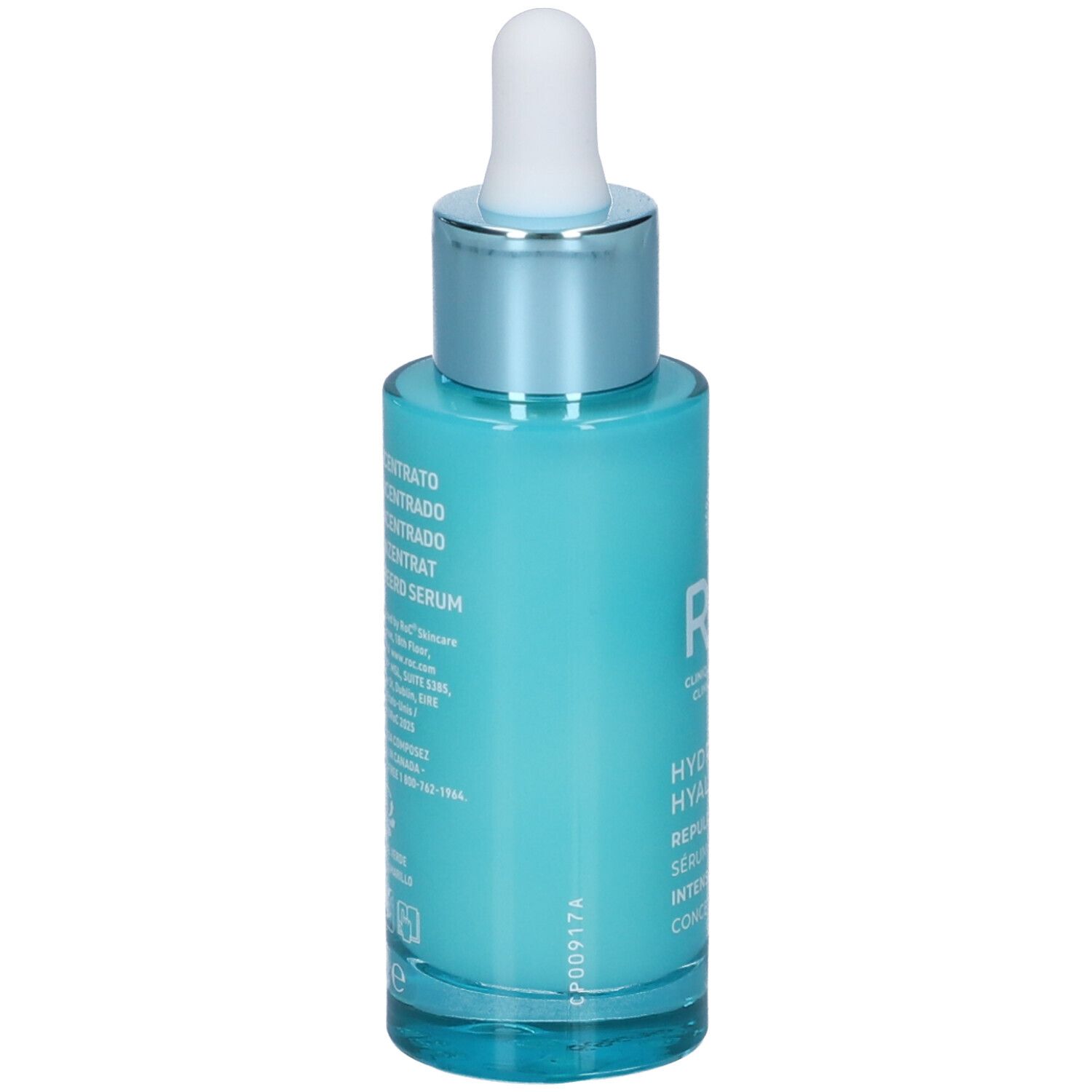 Vista posteriore di un flacone di siero turchese con applicatore bianco. Testo sul retro. Scritte: RoC, Hydra+ Hyaluronic, Siero Concentrato.